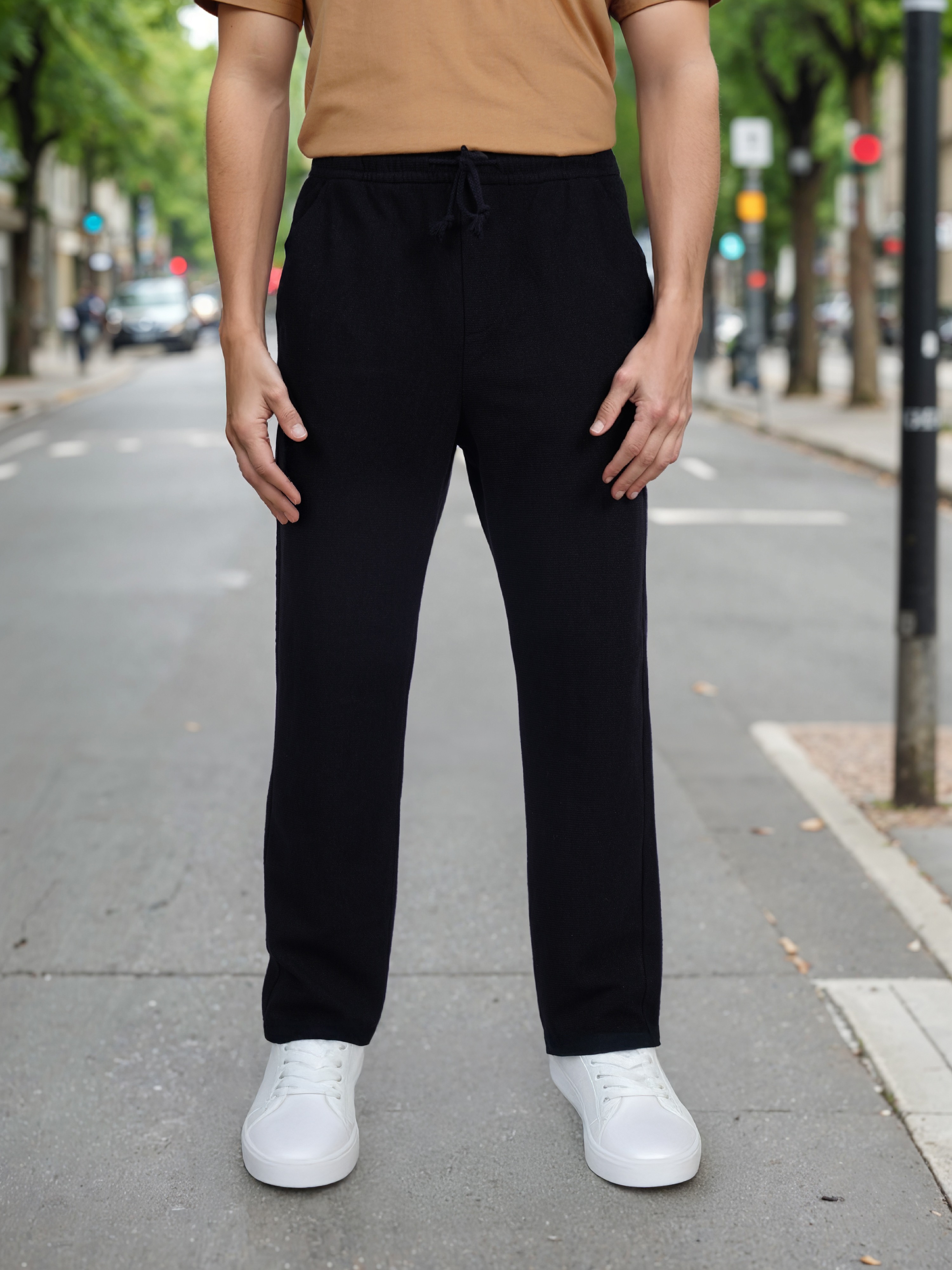 Celio Men Black Solid Regular Fit Polyester Fashion Trouser