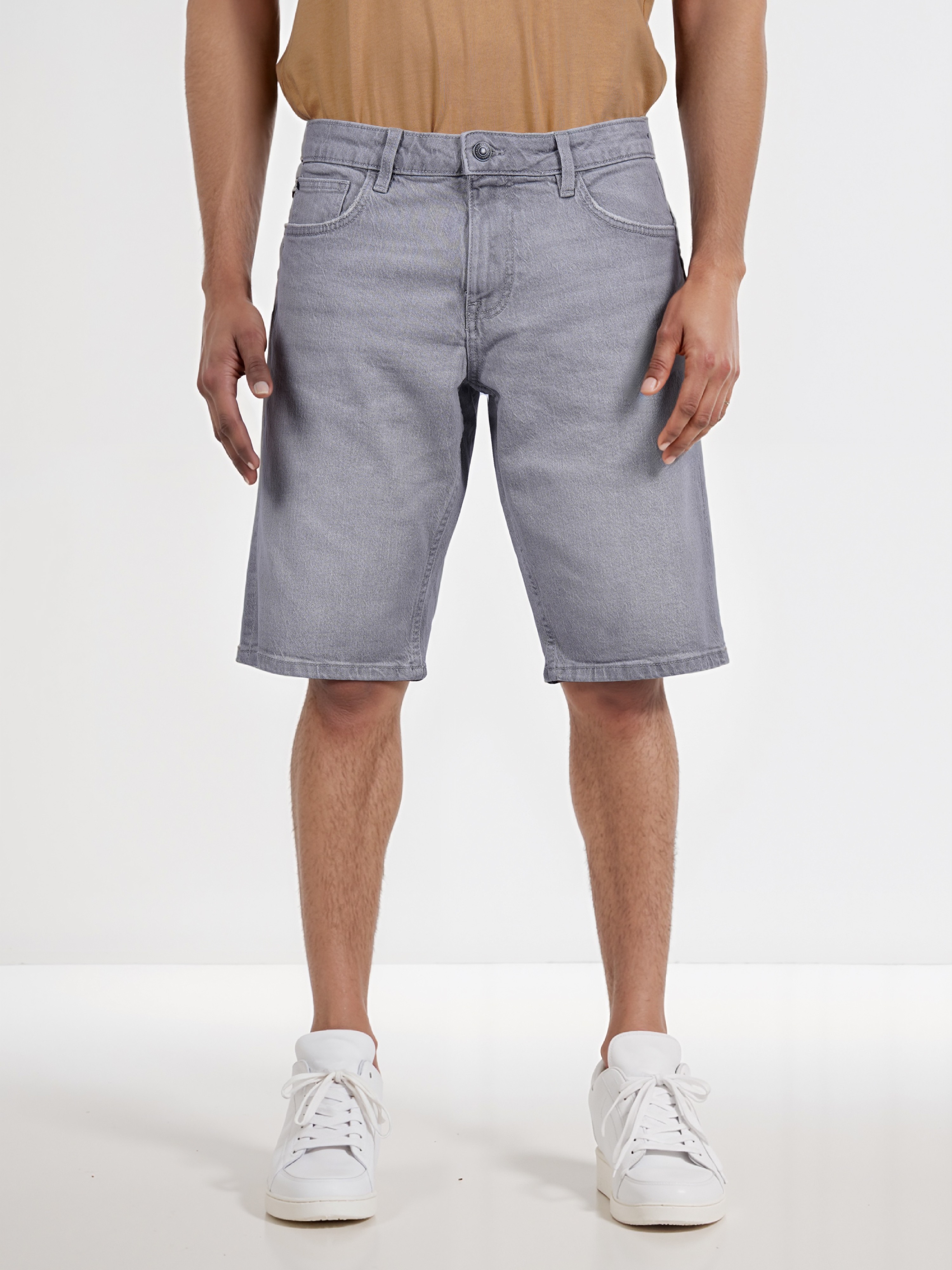 Celio Men Grey Solid Regular Fit Cotton Denim Bermuda Shorts