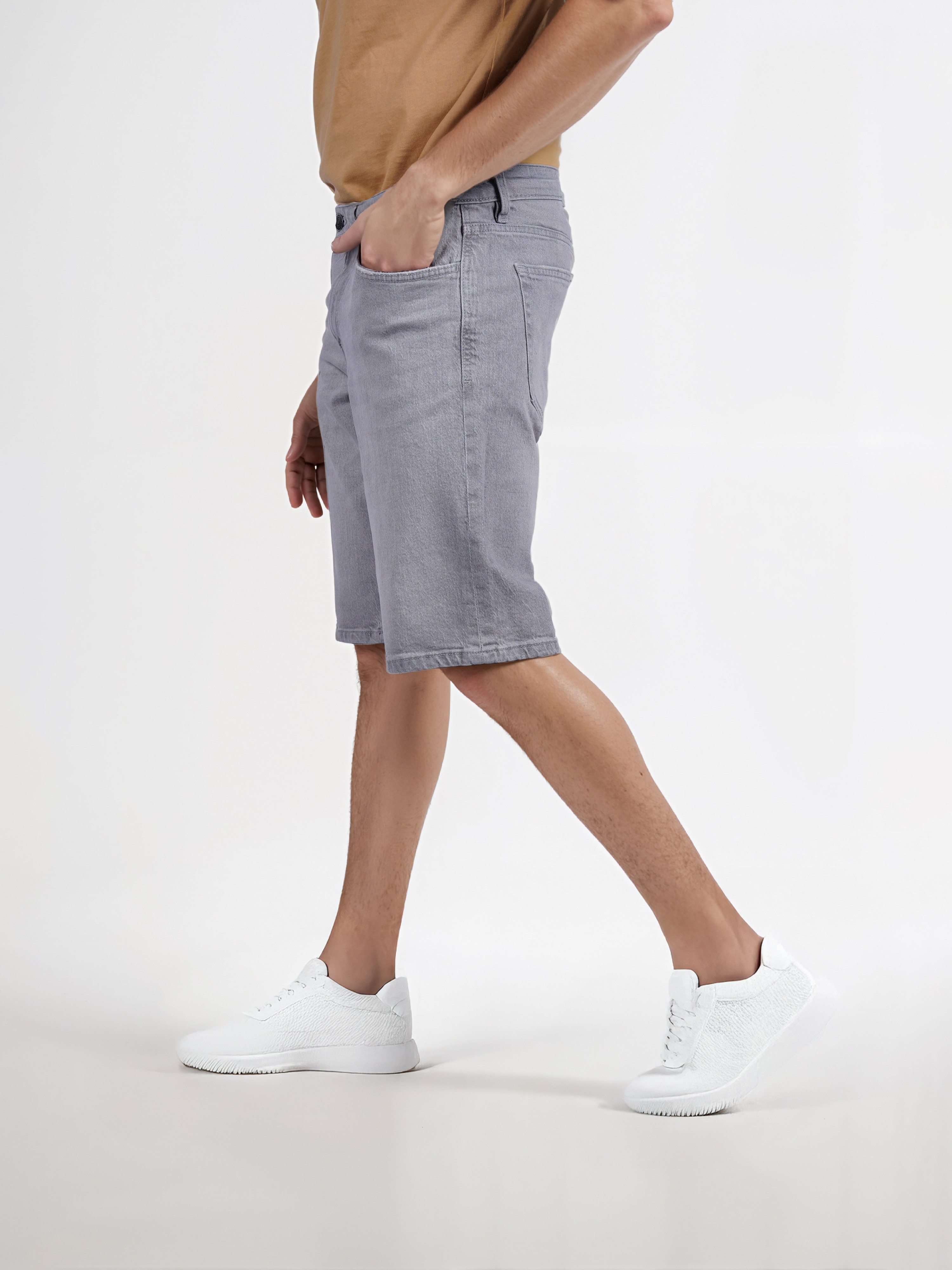 Celio Men Grey Solid Regular Fit Cotton Denim Bermuda Shorts