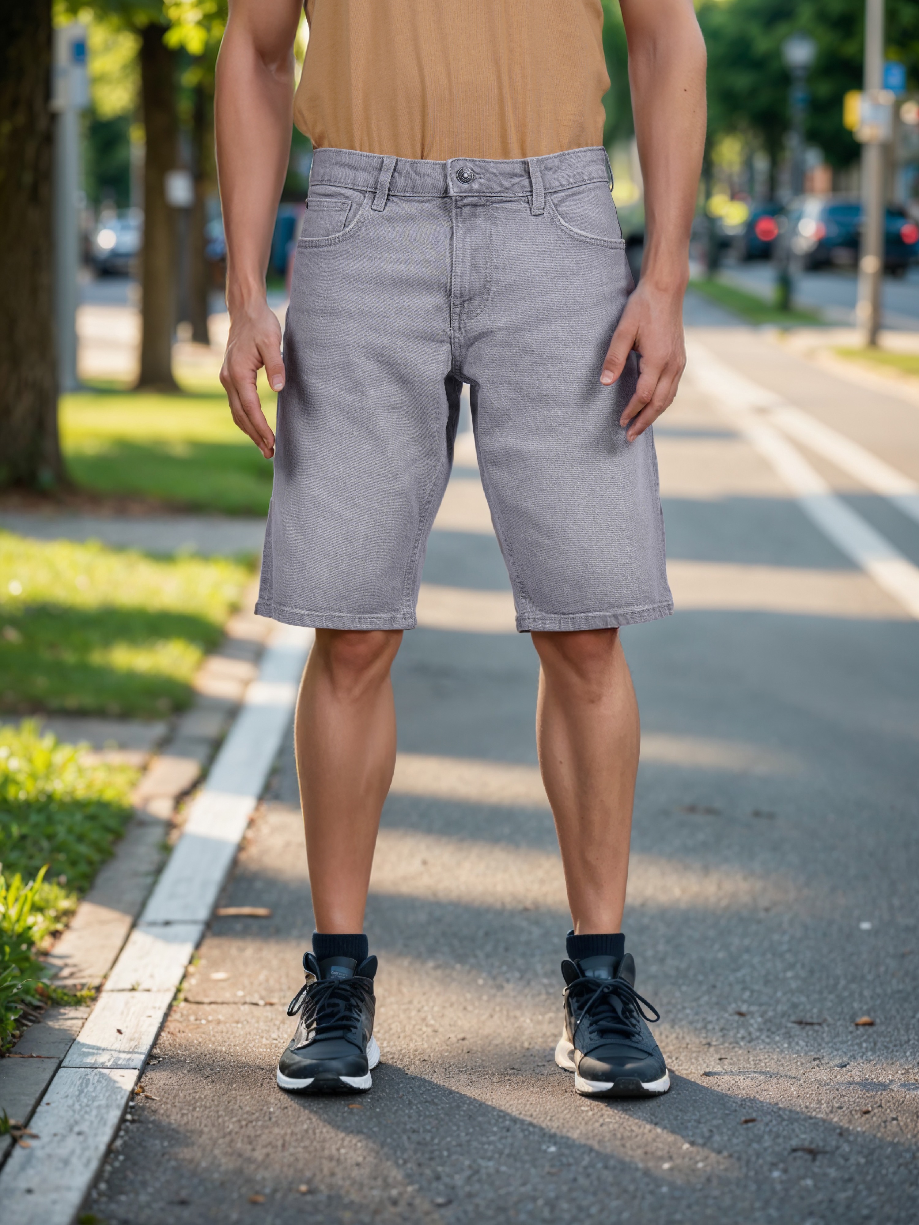 Celio Men Grey Solid Regular Fit Cotton Denim Bermuda Shorts