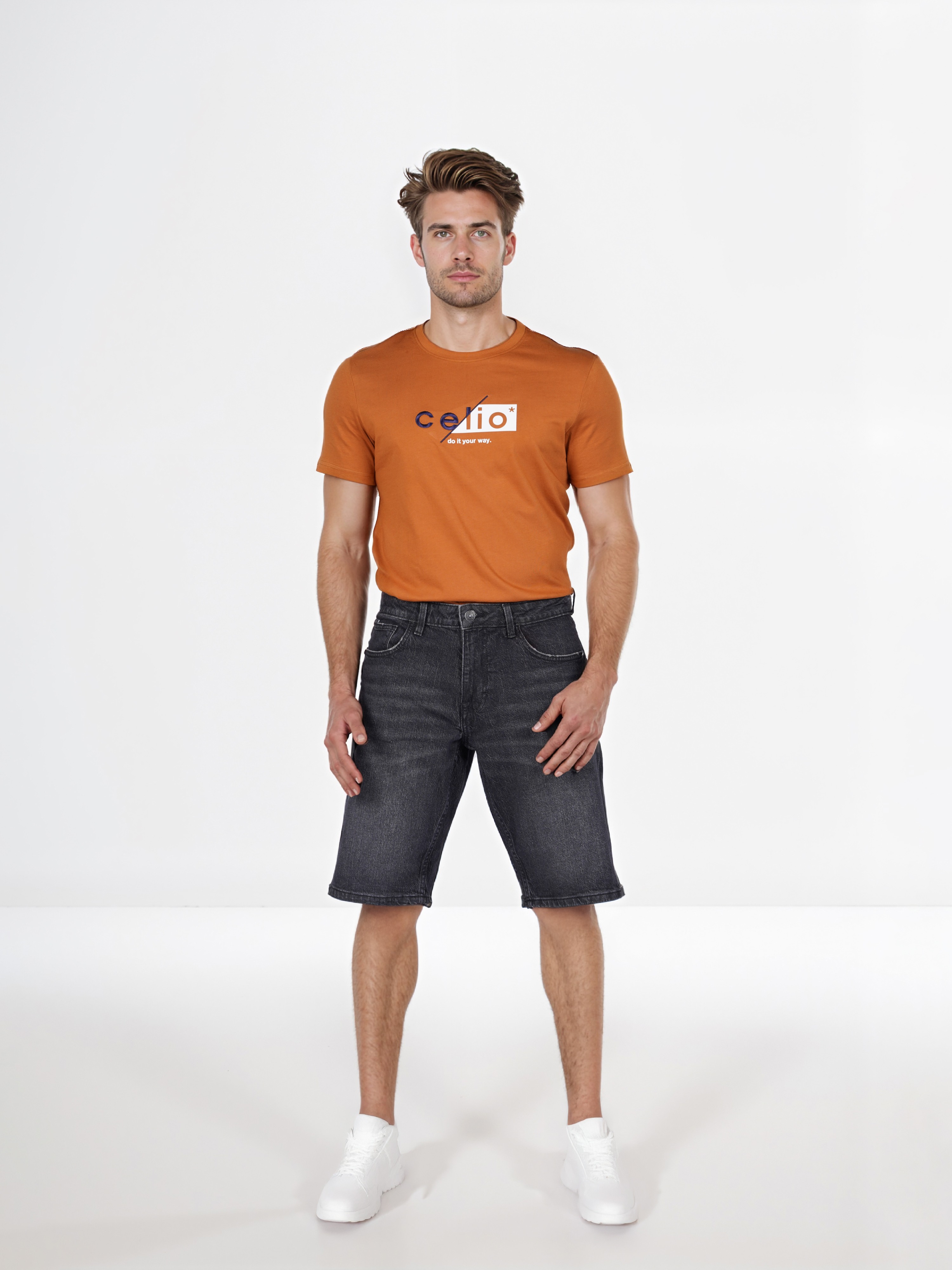Celio Men Black Solid Regular Fit Cotton Denim Bermuda Shorts