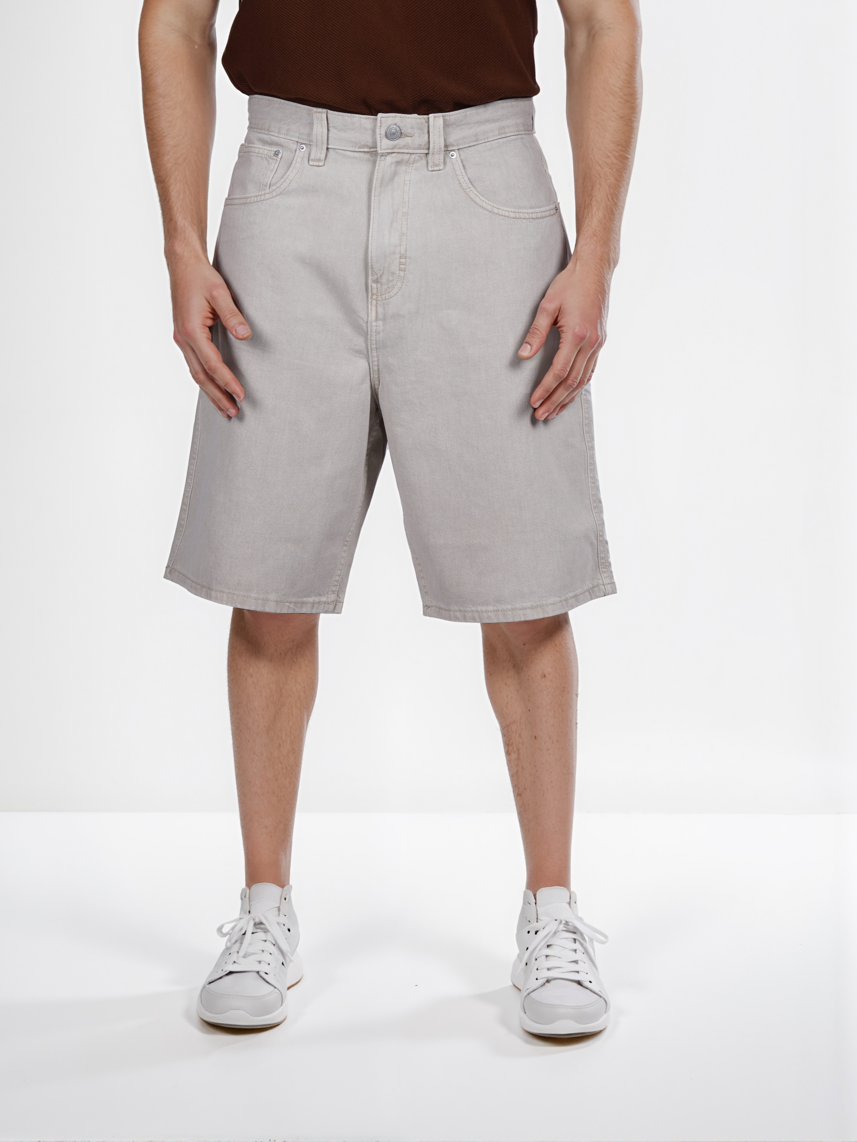 Celio Men Beige Solid Regular Fit Cotton Denim Bermuda Shorts