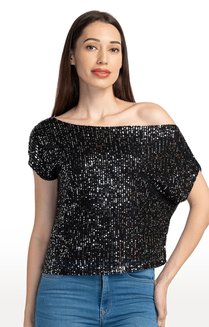 Globus Black Embellished One Shoulder Top