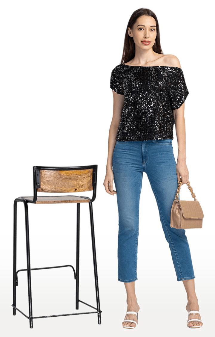 Globus Black Embellished One Shoulder Top
