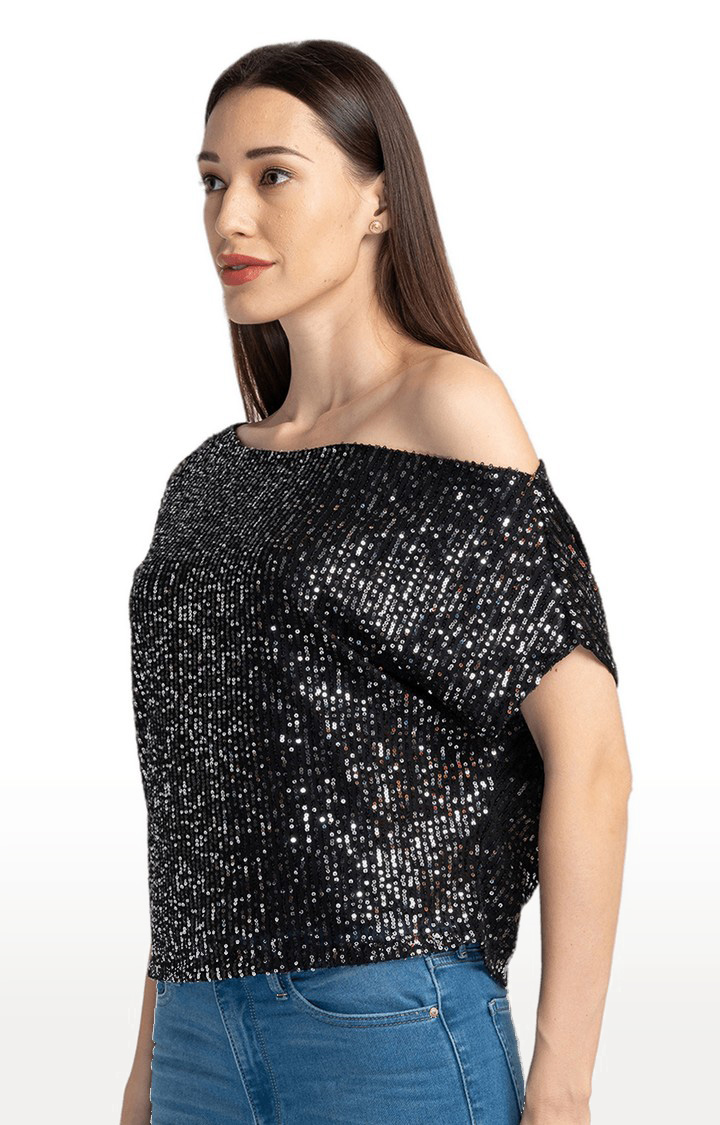 Globus Black Embellished One Shoulder Top