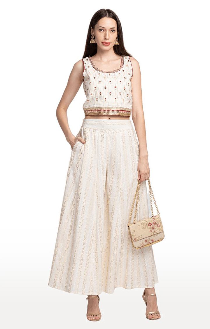Globus Ecru Embroidered Sleeveless Ethnic Crop Top