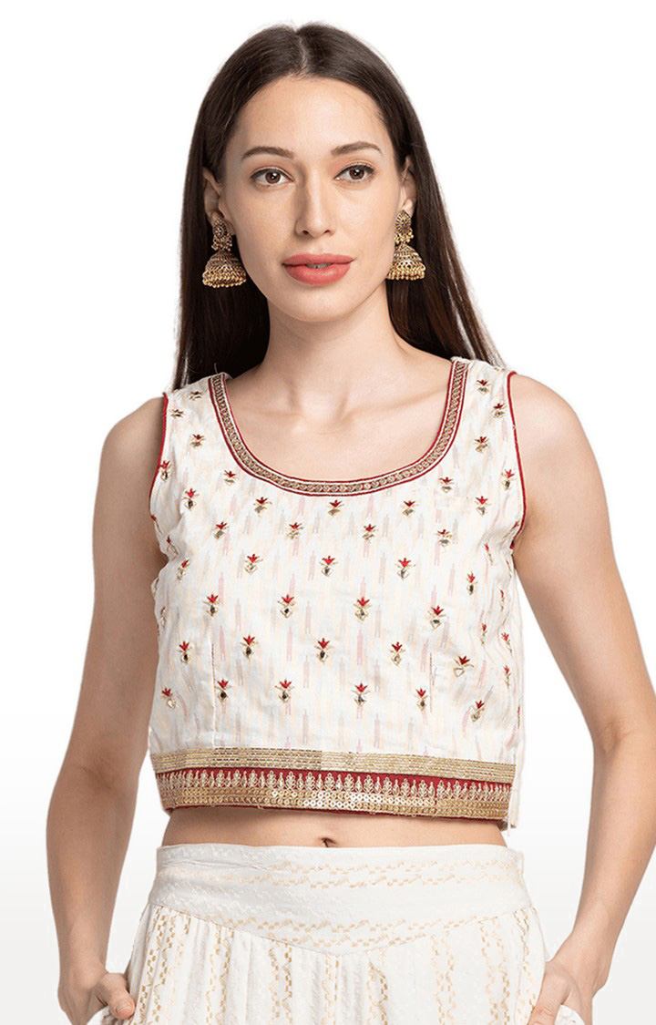 Globus Ecru Embroidered Sleeveless Ethnic Crop Top
