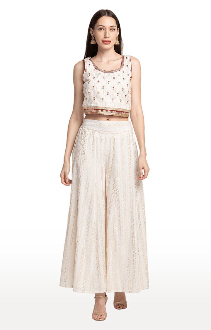 Globus Ecru Embroidered Sleeveless Ethnic Crop Top