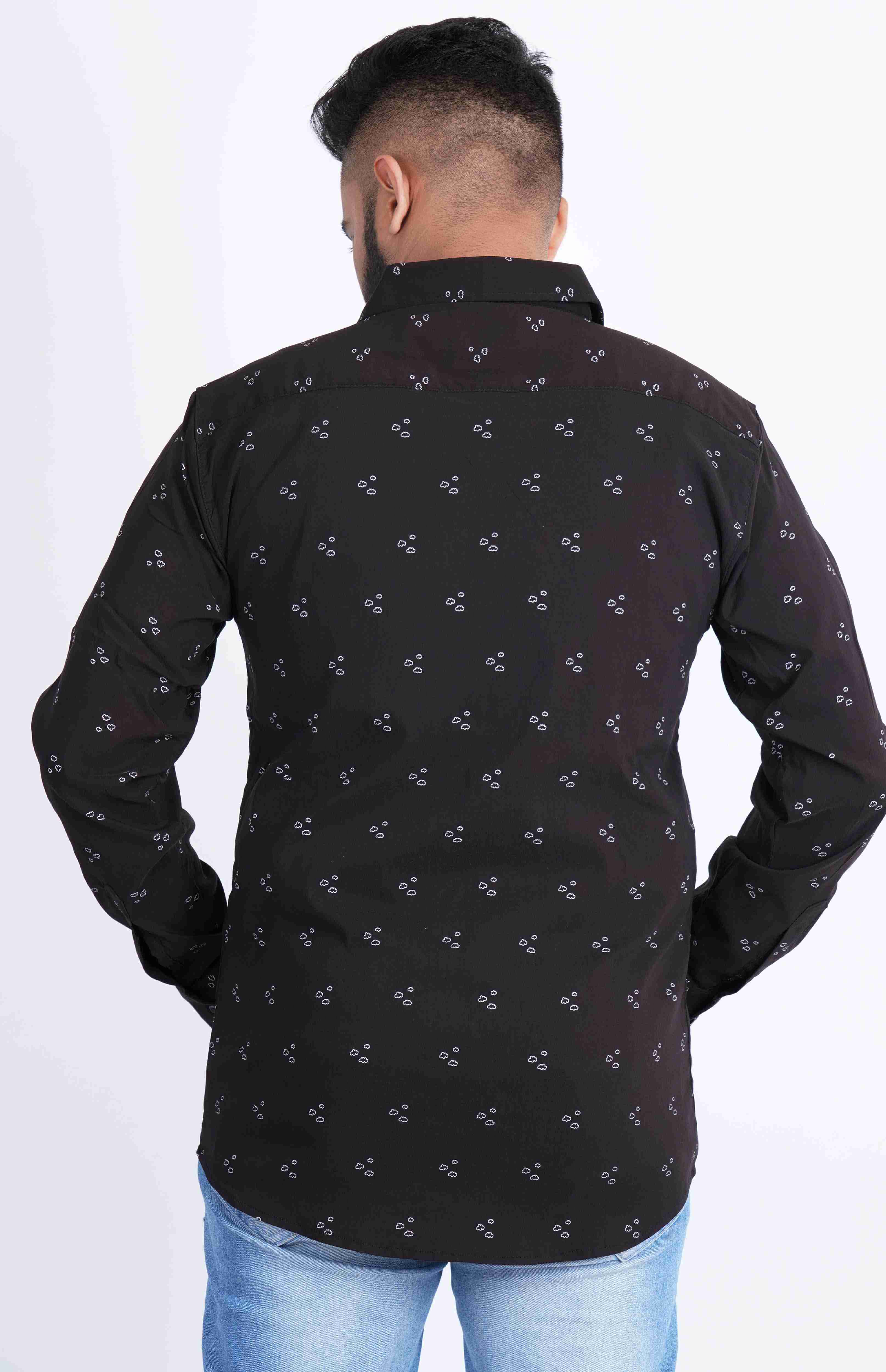 White Cloud Black Lycra Print Stretchable Cotton Shirt