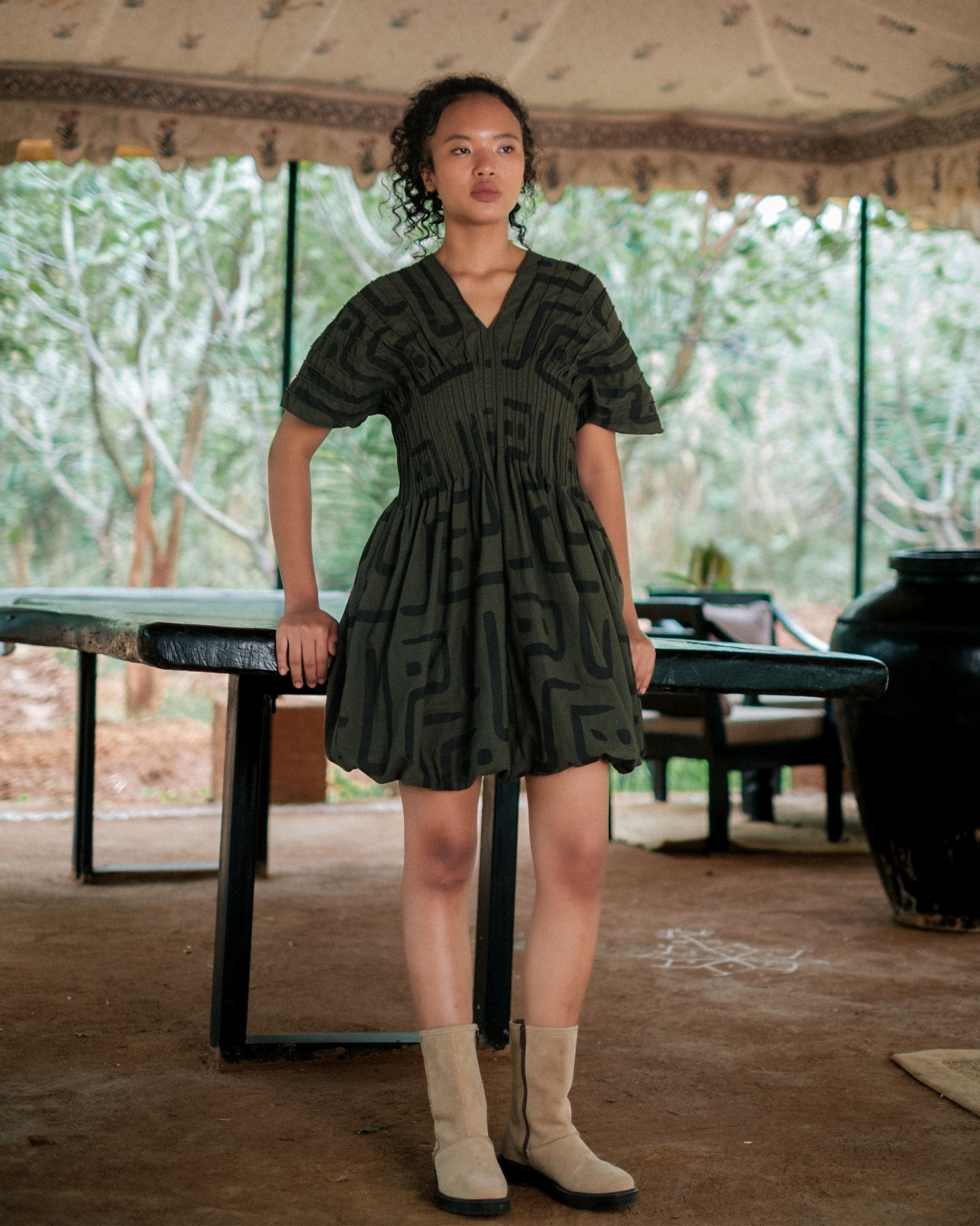 Meknes Kimono Dress - Green Tribal Print