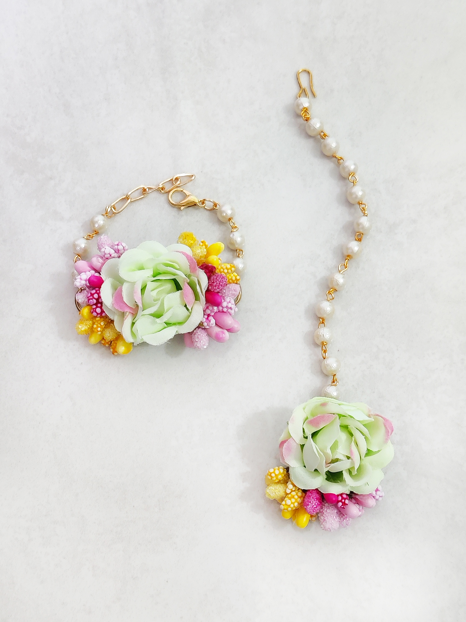 Floral, Bracelet & Maang Teeka Set - Green