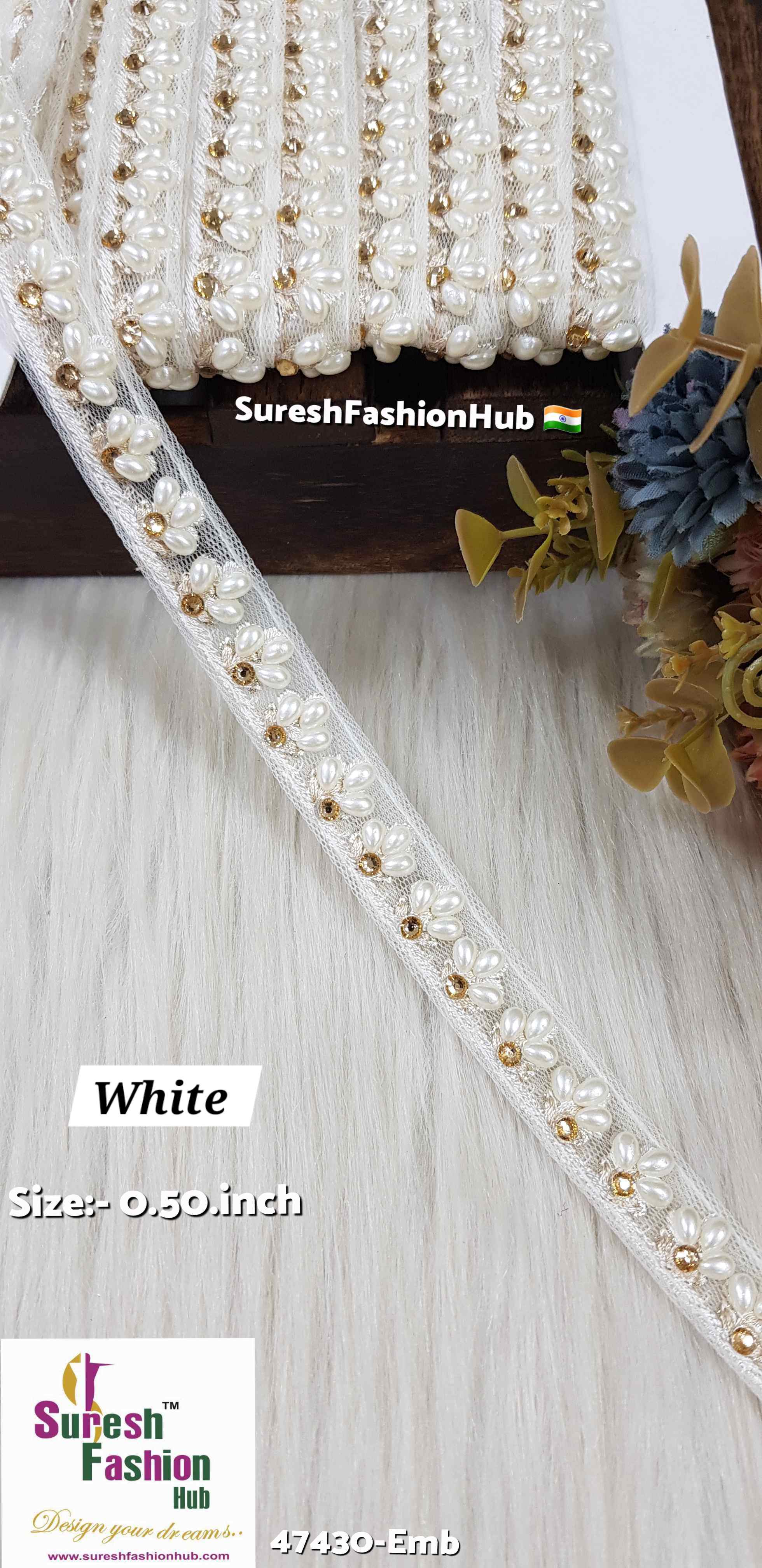 LuxeGlimmer Embroidered Trim White Color