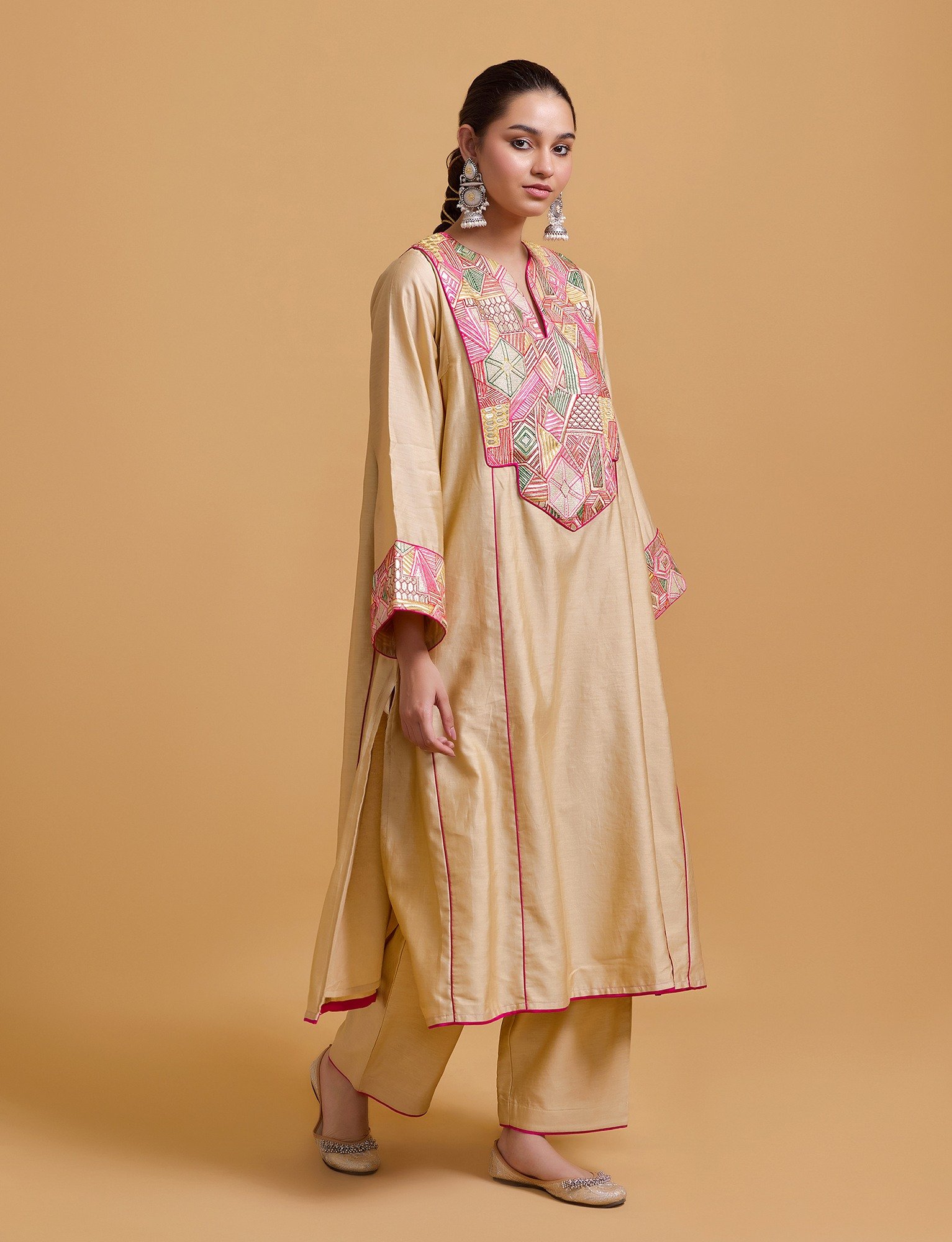 Mithai Beige Step Yoke Kurta Set