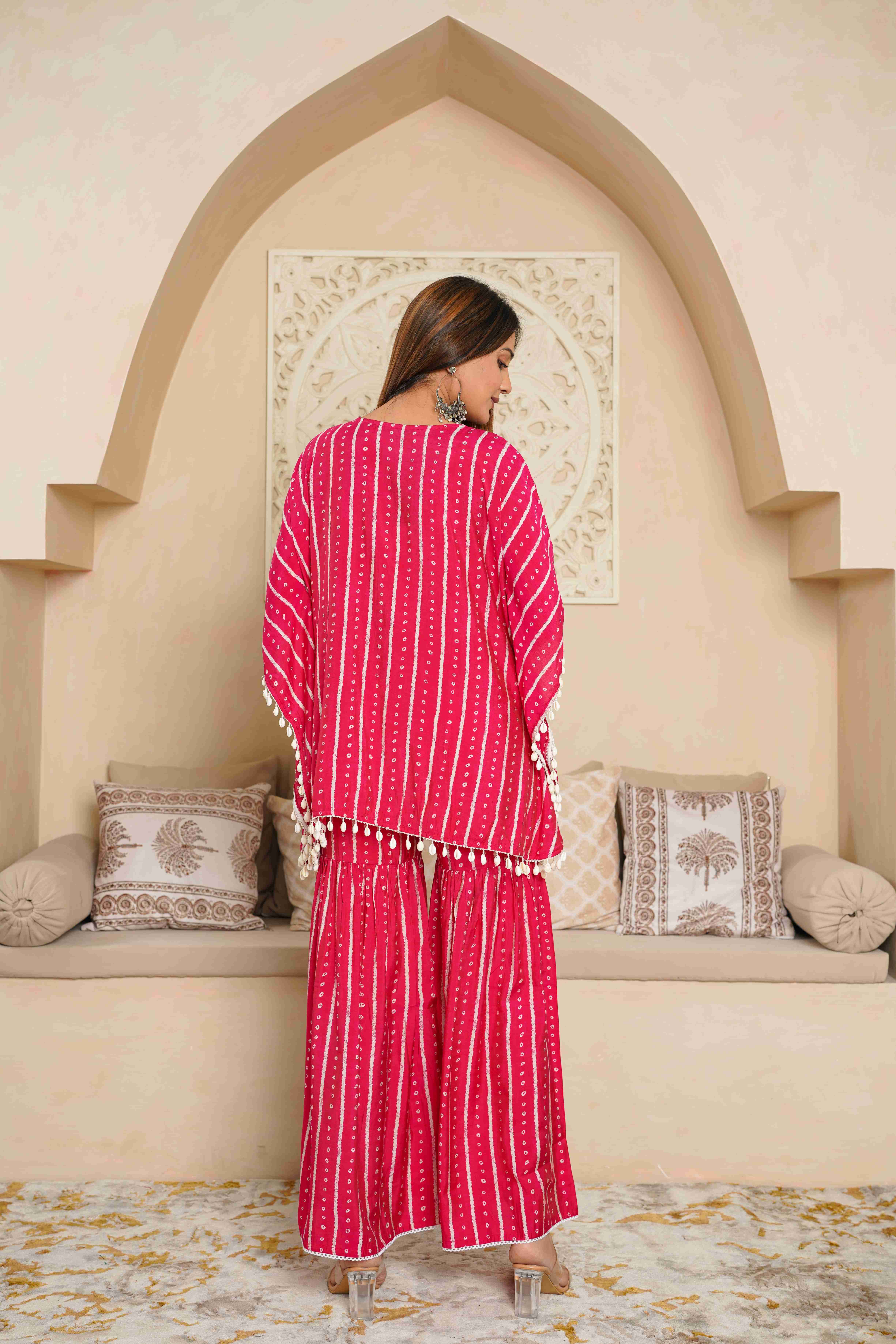 Printed Pink embroidered kaftan top with sharara