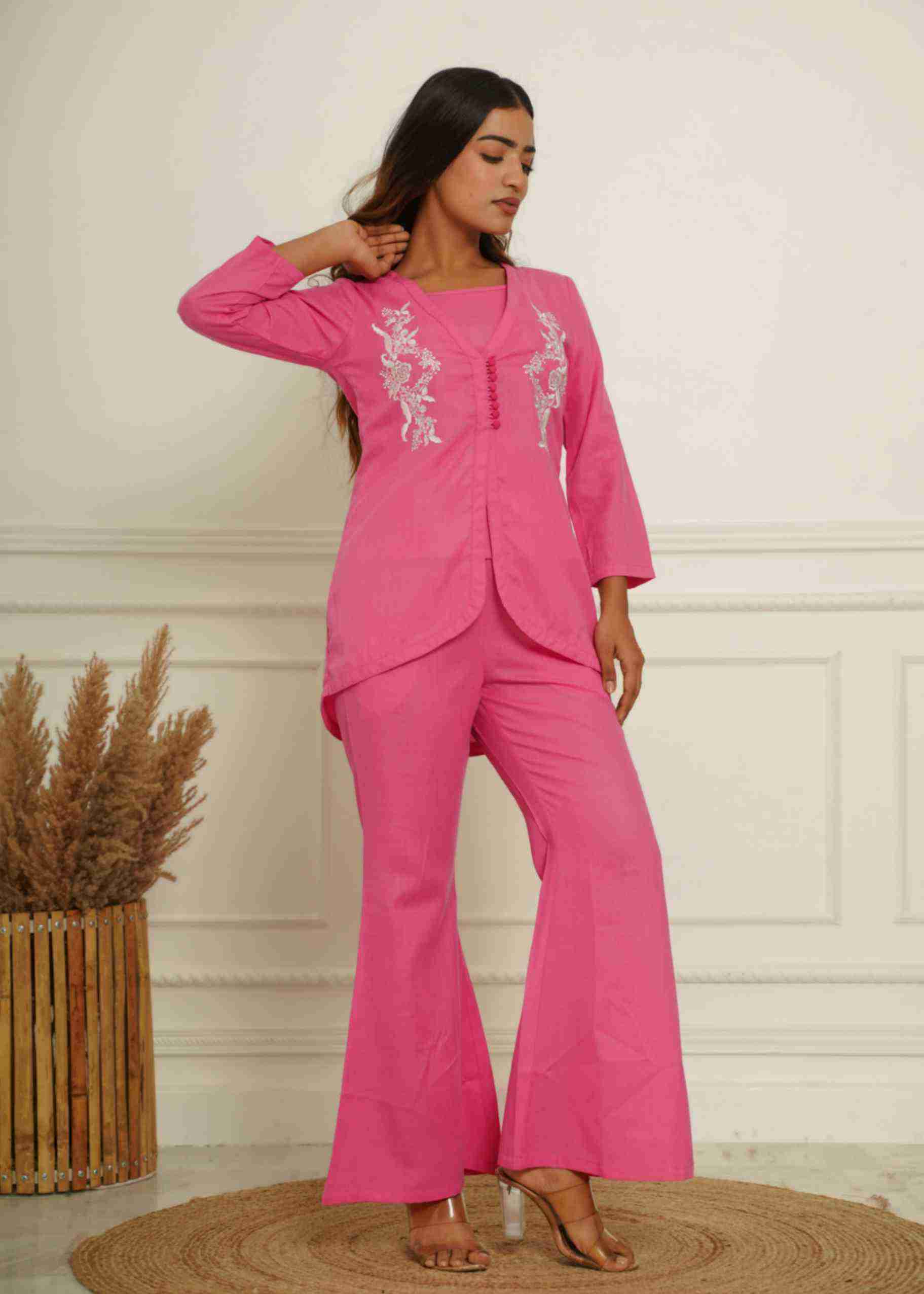PINK COTTON BLEND EMBRODIERED CO-ORD SET