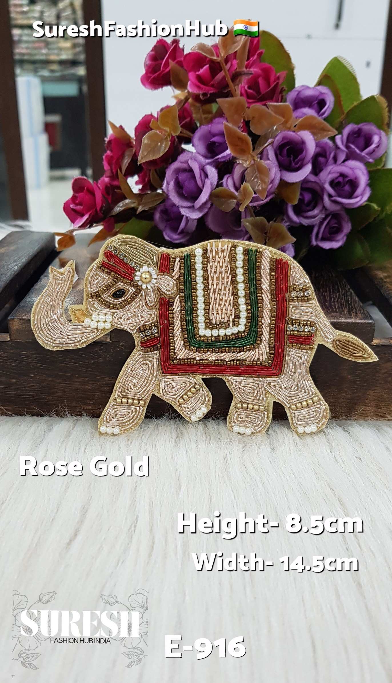 Handmade Elephant Patch – Left Side Pearl Gold – Design No. E-916