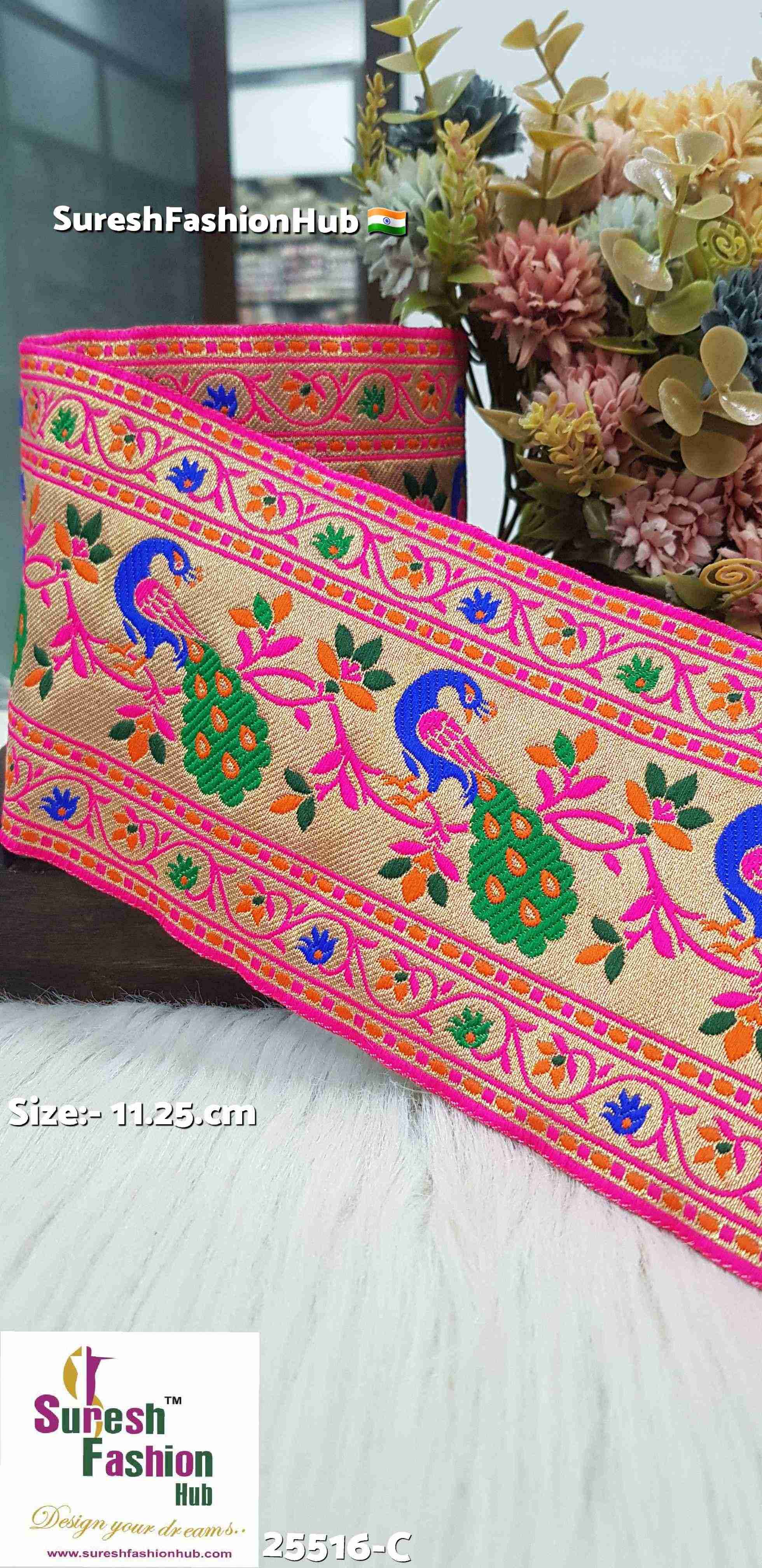 Peacock Floral Banarasi Rani+Orange Border Lace