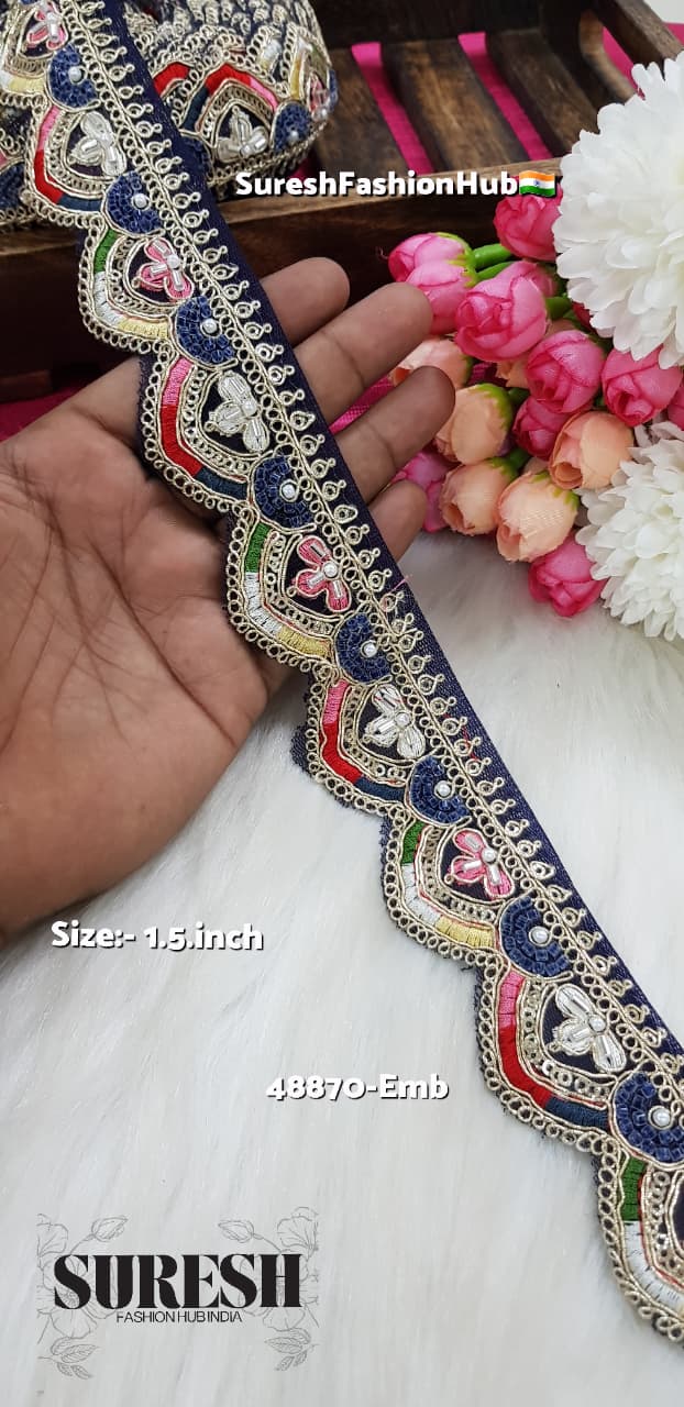Navy Blue Floral Beads & Thread Embroidery Lace – 48870-EMB
