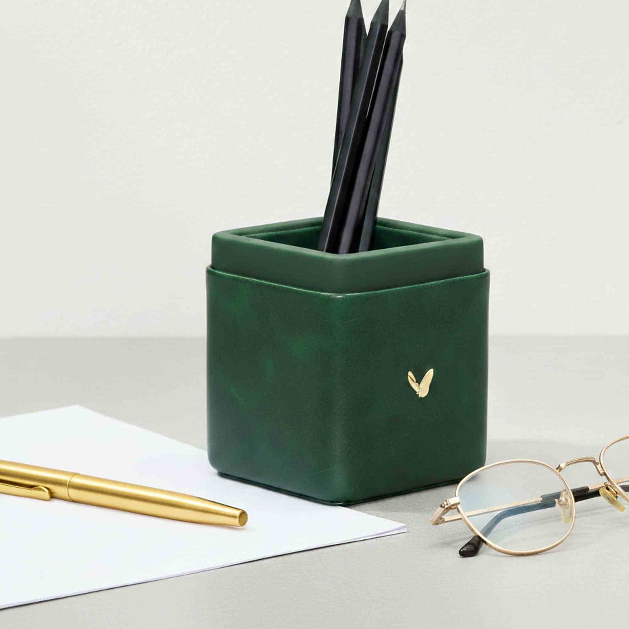 Pen/Pencil Holder | Faux Leather | Square Small | Moderno | Olive Green
