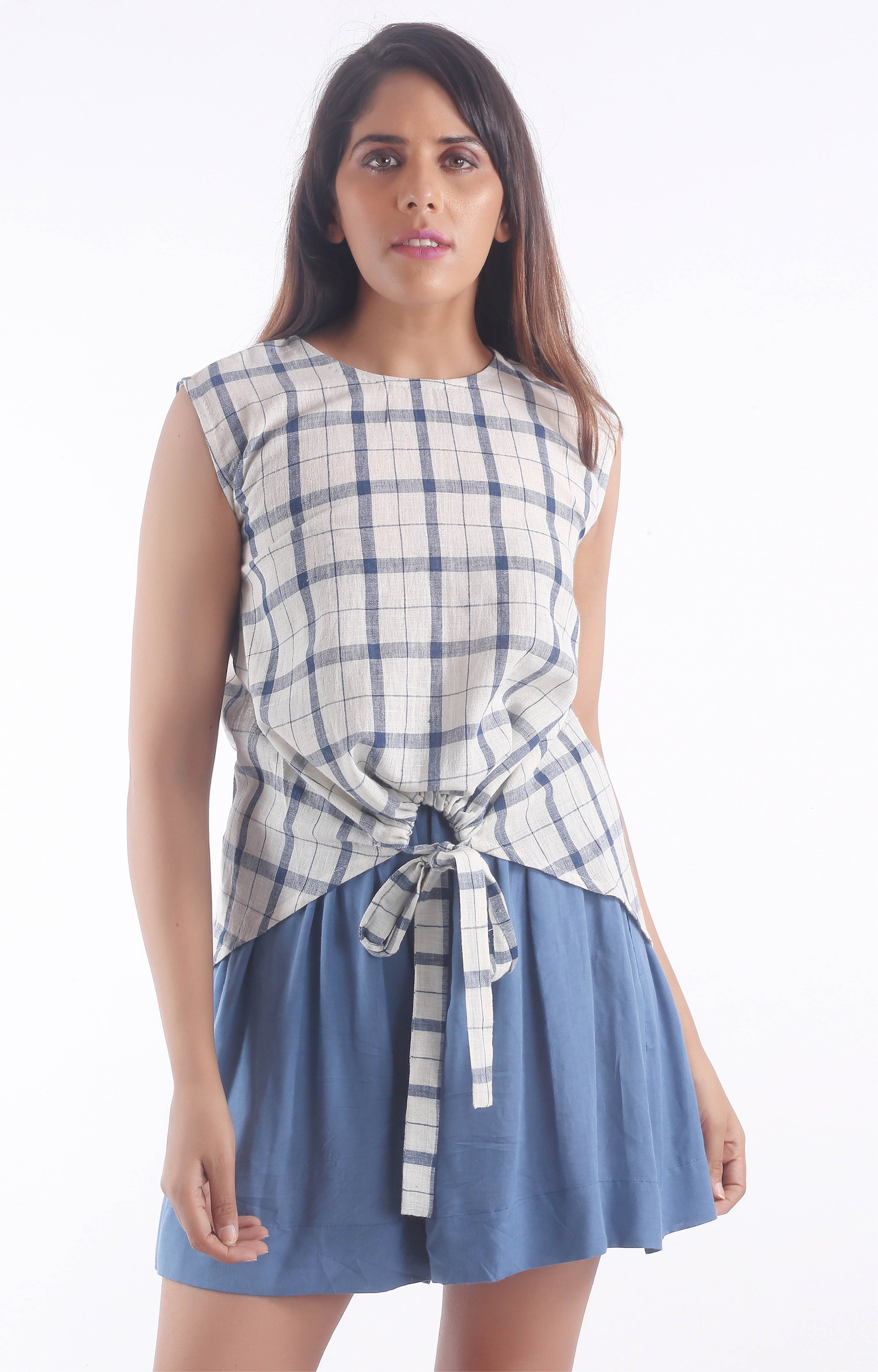 Women's Sustainable Kala Cotton Knotted Blue Check Top