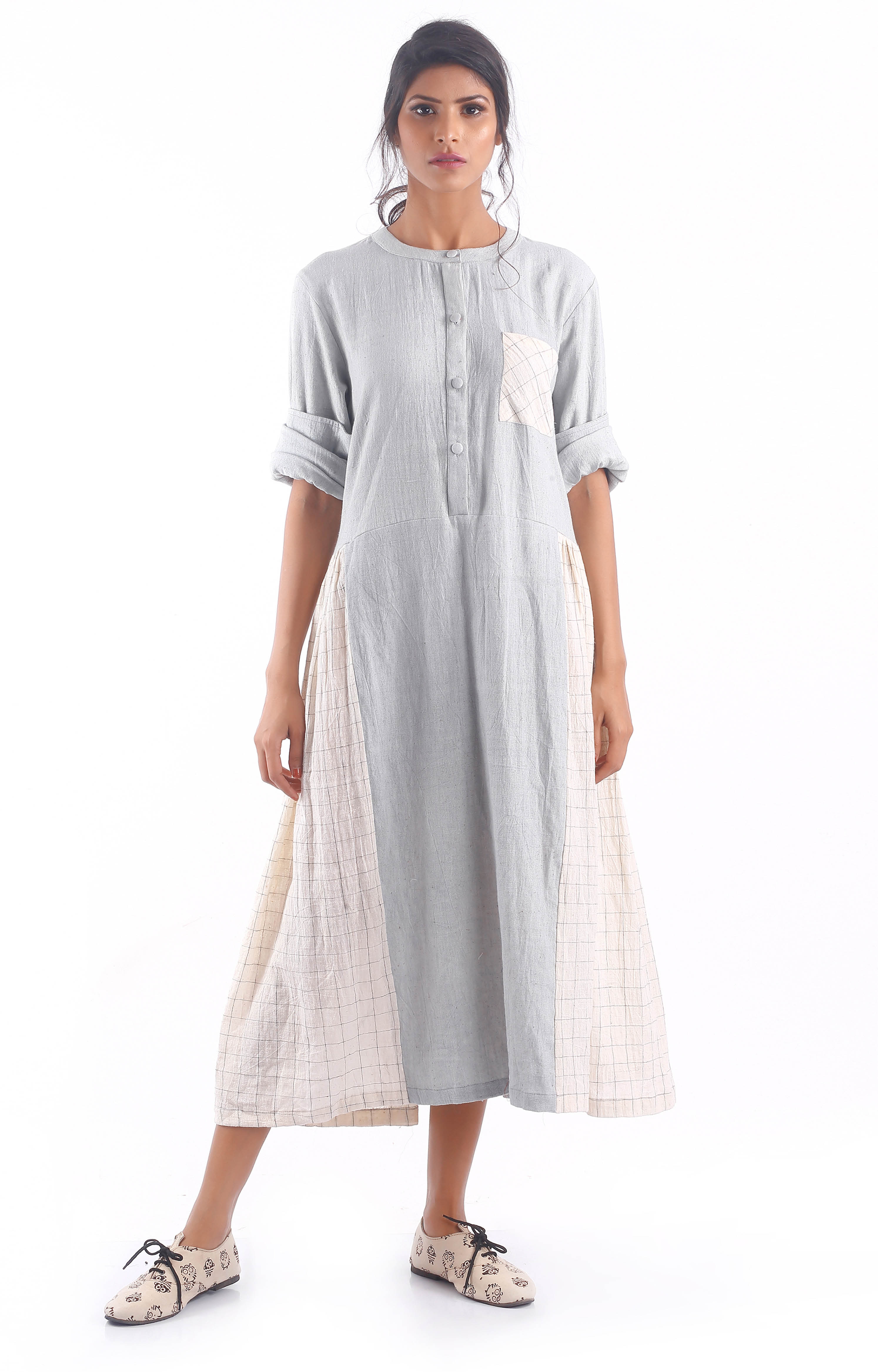 Women's Sustainable Kala Cotton Colour Blocked Grey Dress