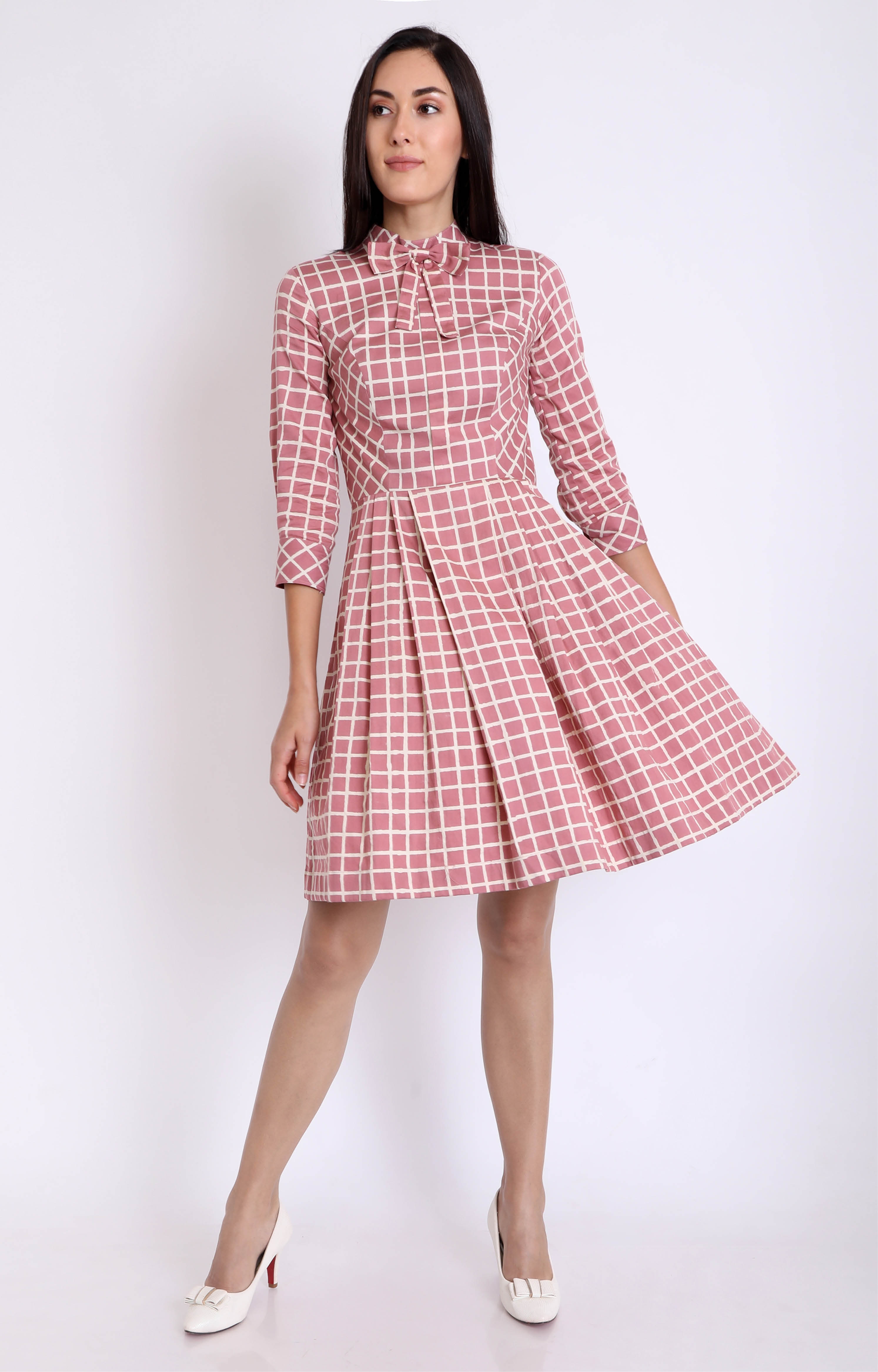 Women's Pink Cotton Satin Checks English Dress