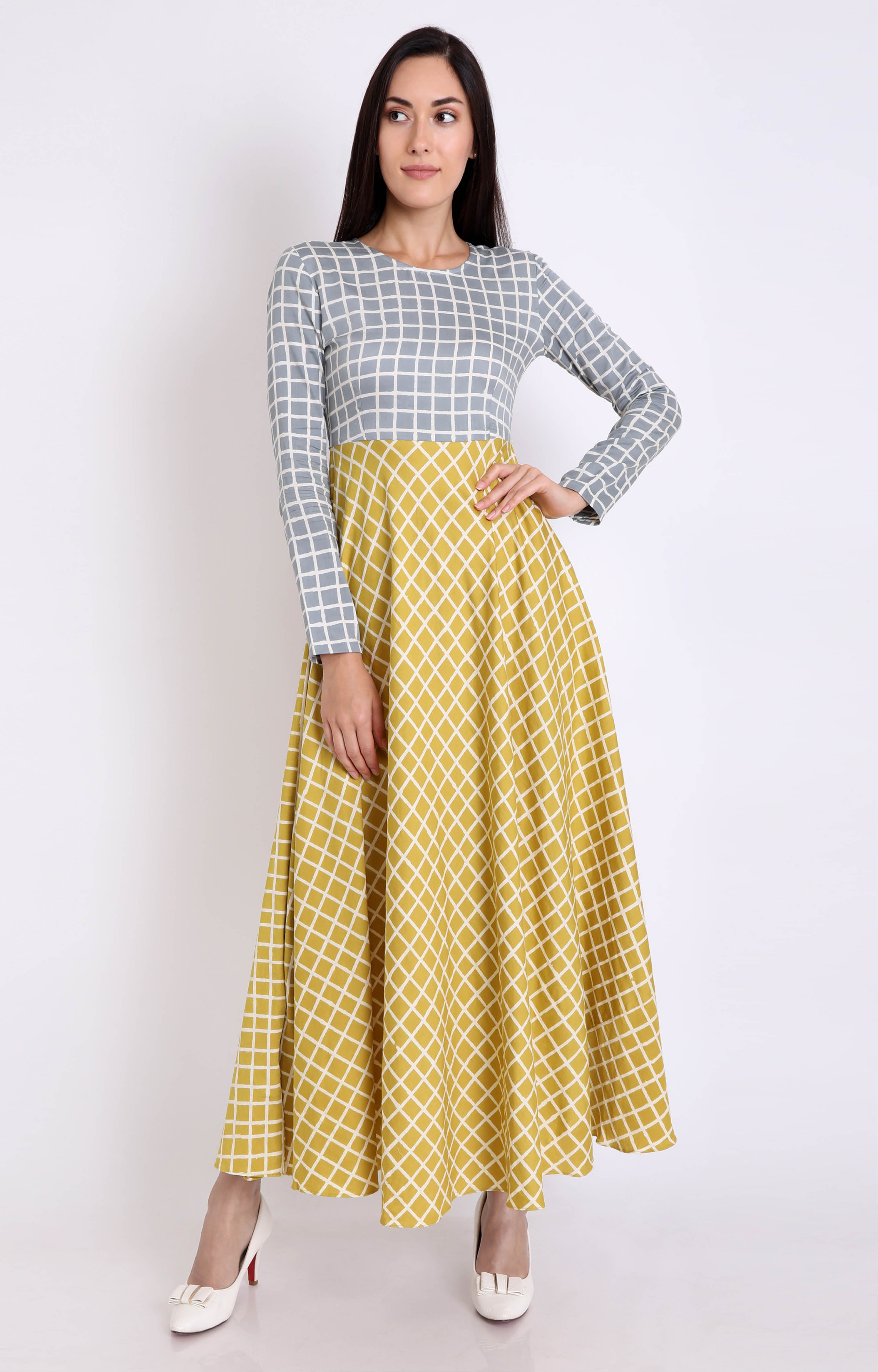 3X9T | Women's Mustard Cotton Satin Duet Checks Long Dress undefined