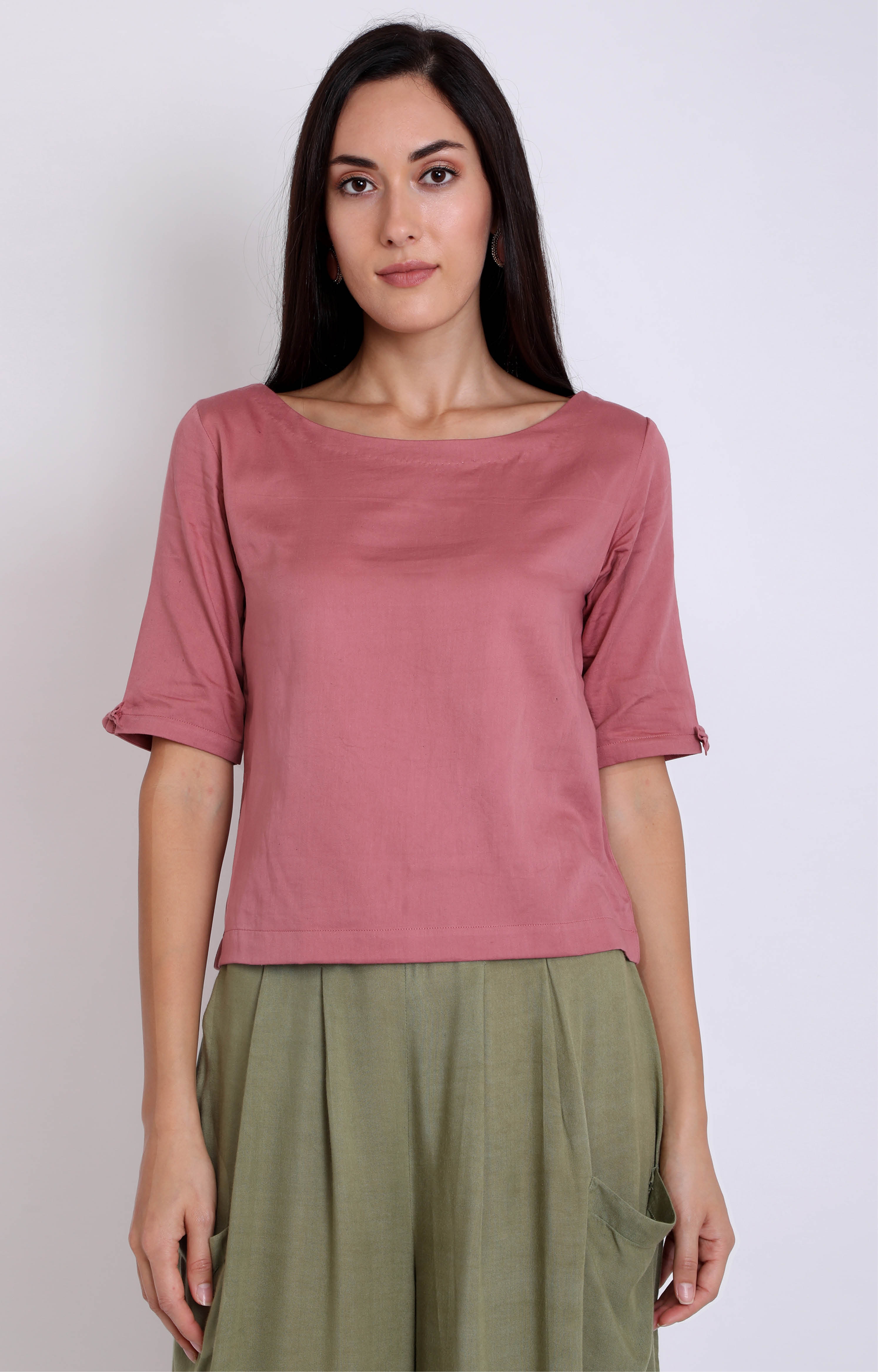 Women's Pink Cotton Satin Solid Box Top