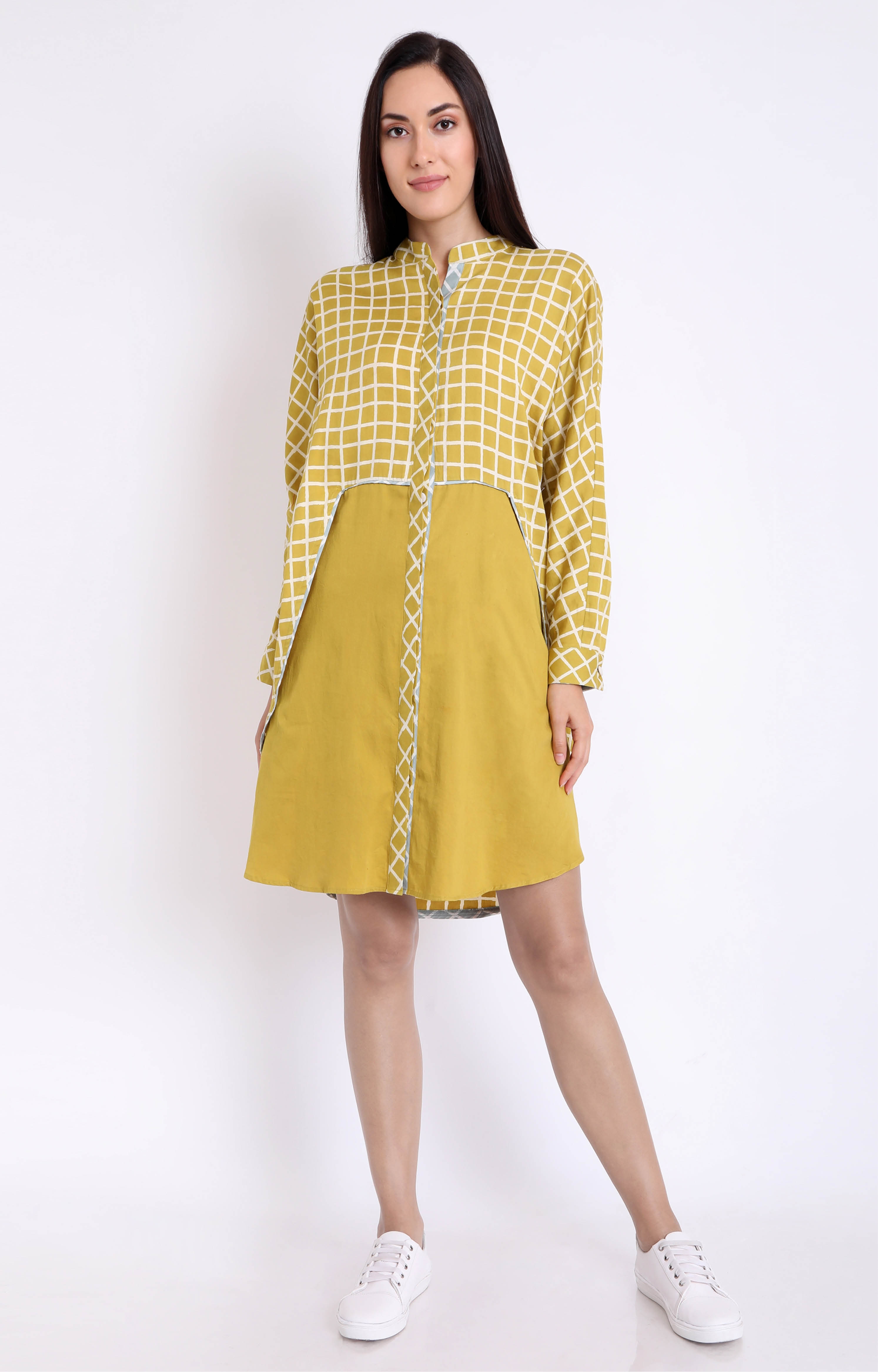 Women's Mustard Cotton Satin Checks Panel Shirt Dress