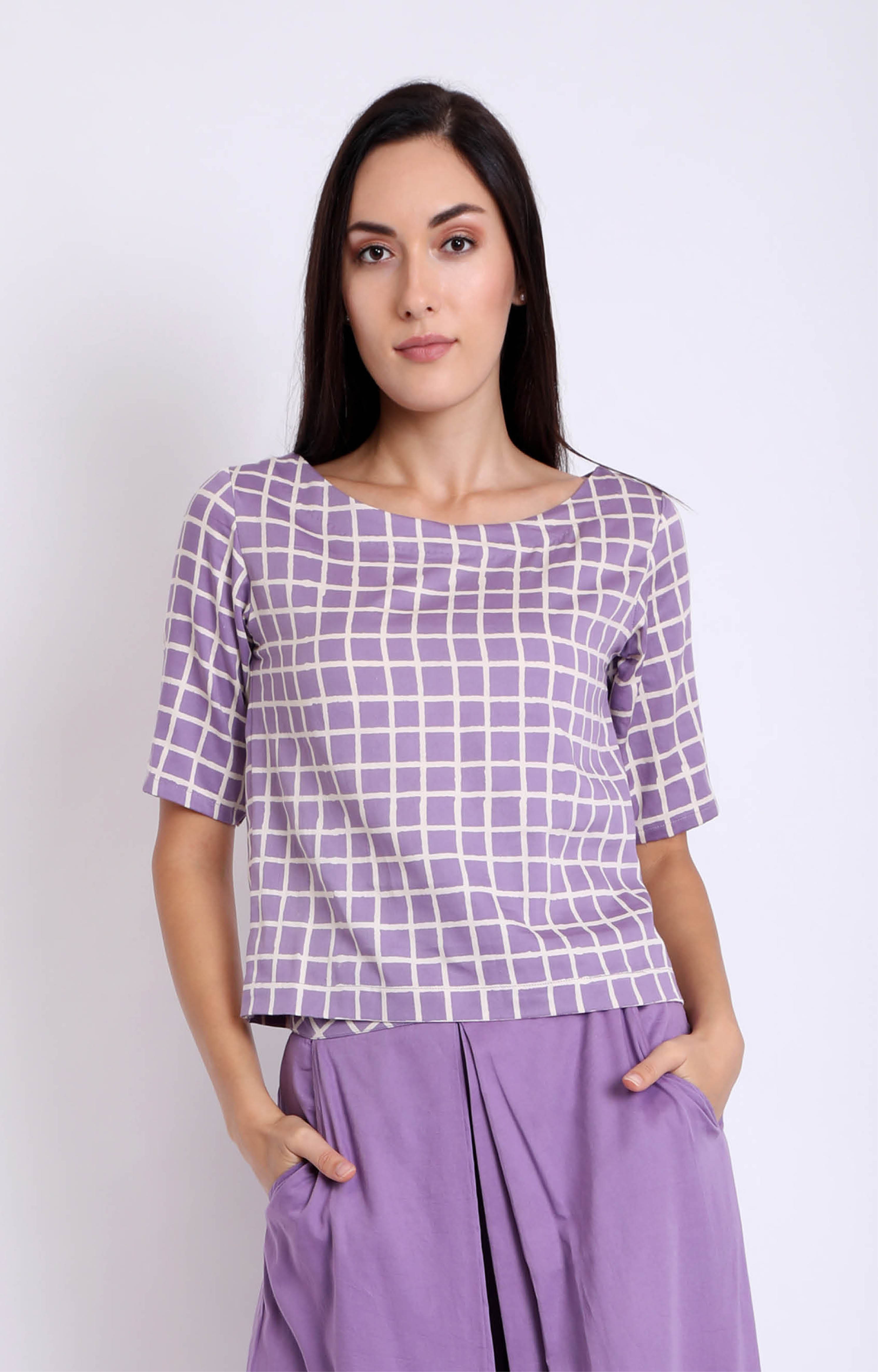 3X9T | Women's Purple Cotton Satin Checks Box Top undefined
