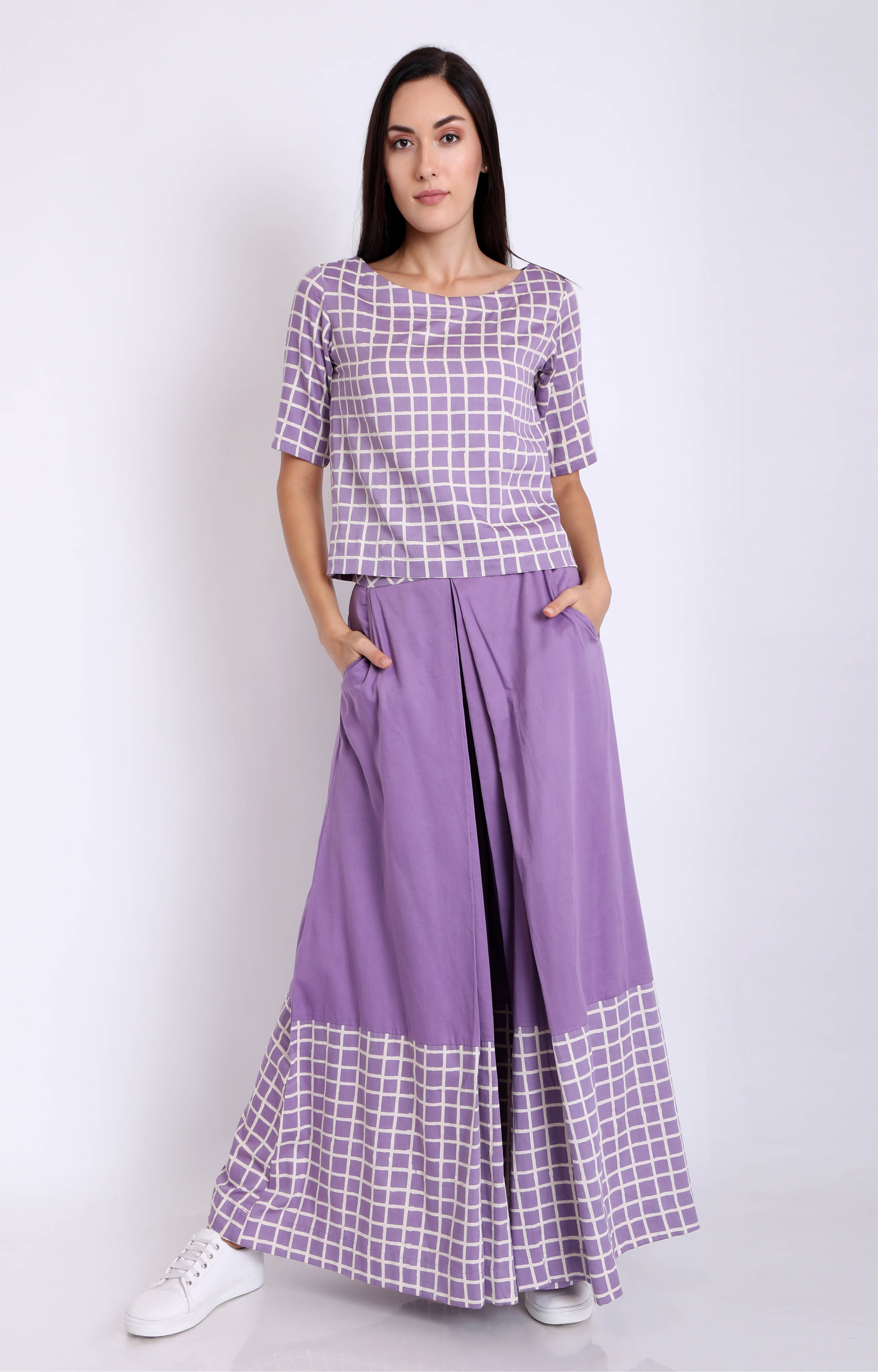 Women's Purple Cotton Satin Check Panel Wide Leg Pants