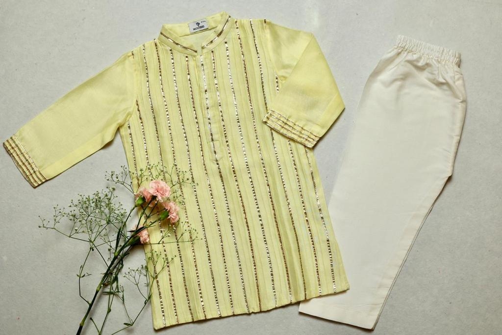 Lemon Yellow Pintuck Kurta & Ivory Pyjama