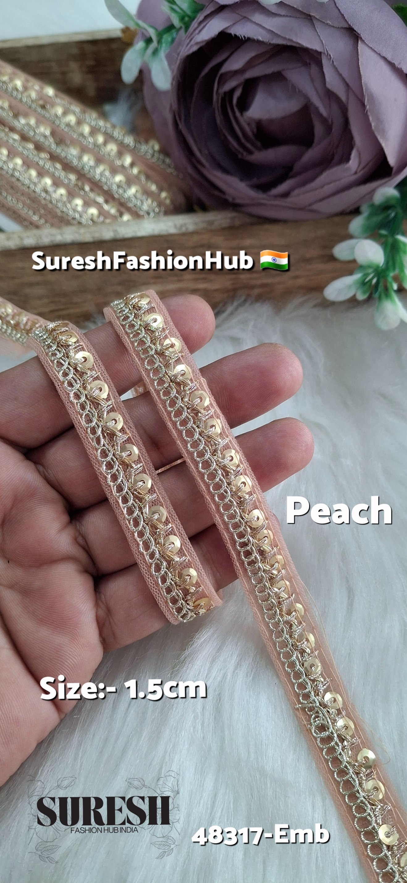 Peach Pearl Dori Zari Embroidery Border Lace