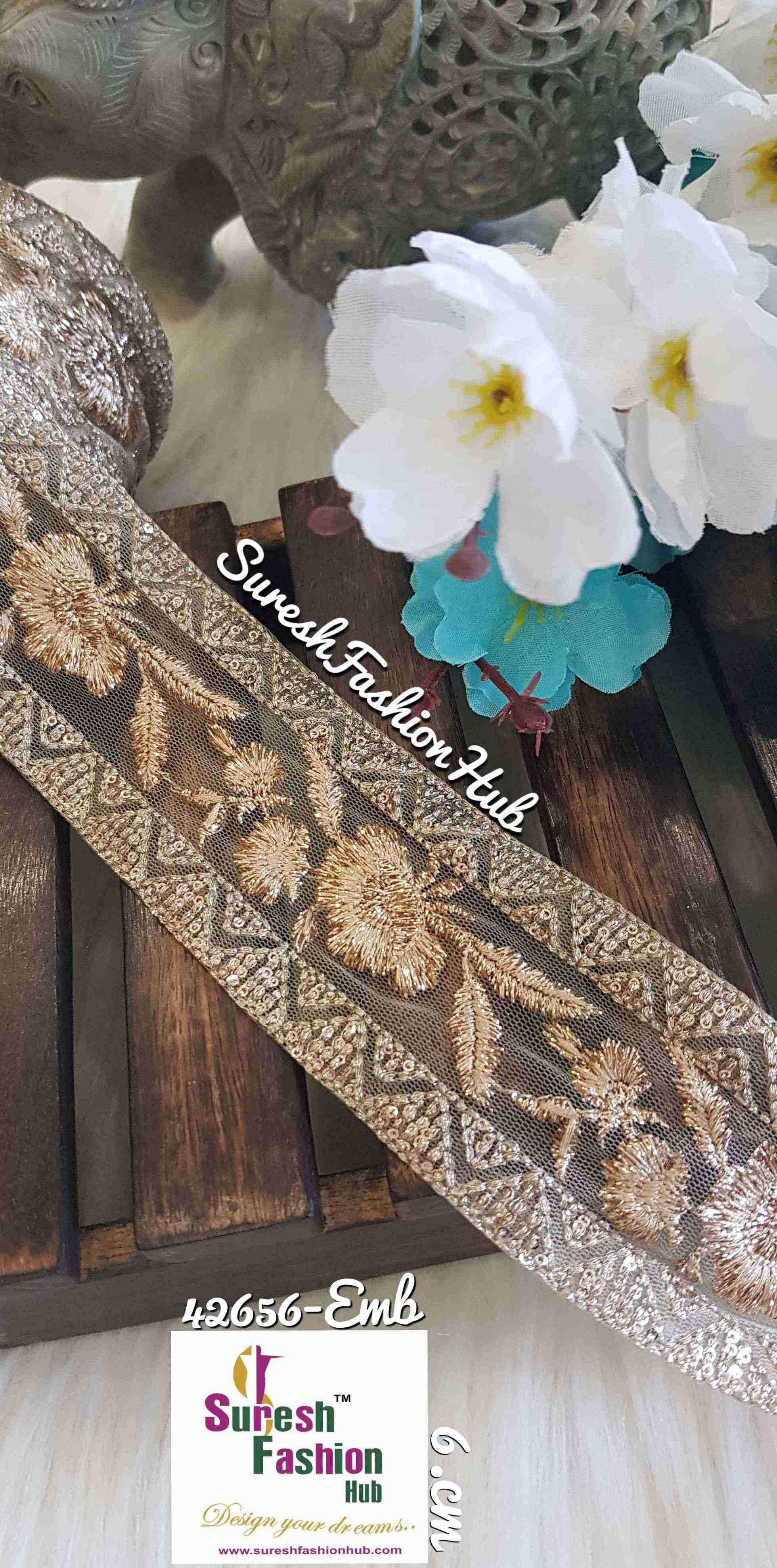 Beautiful Golden Big Flowers With Sequence Work Designer Trim