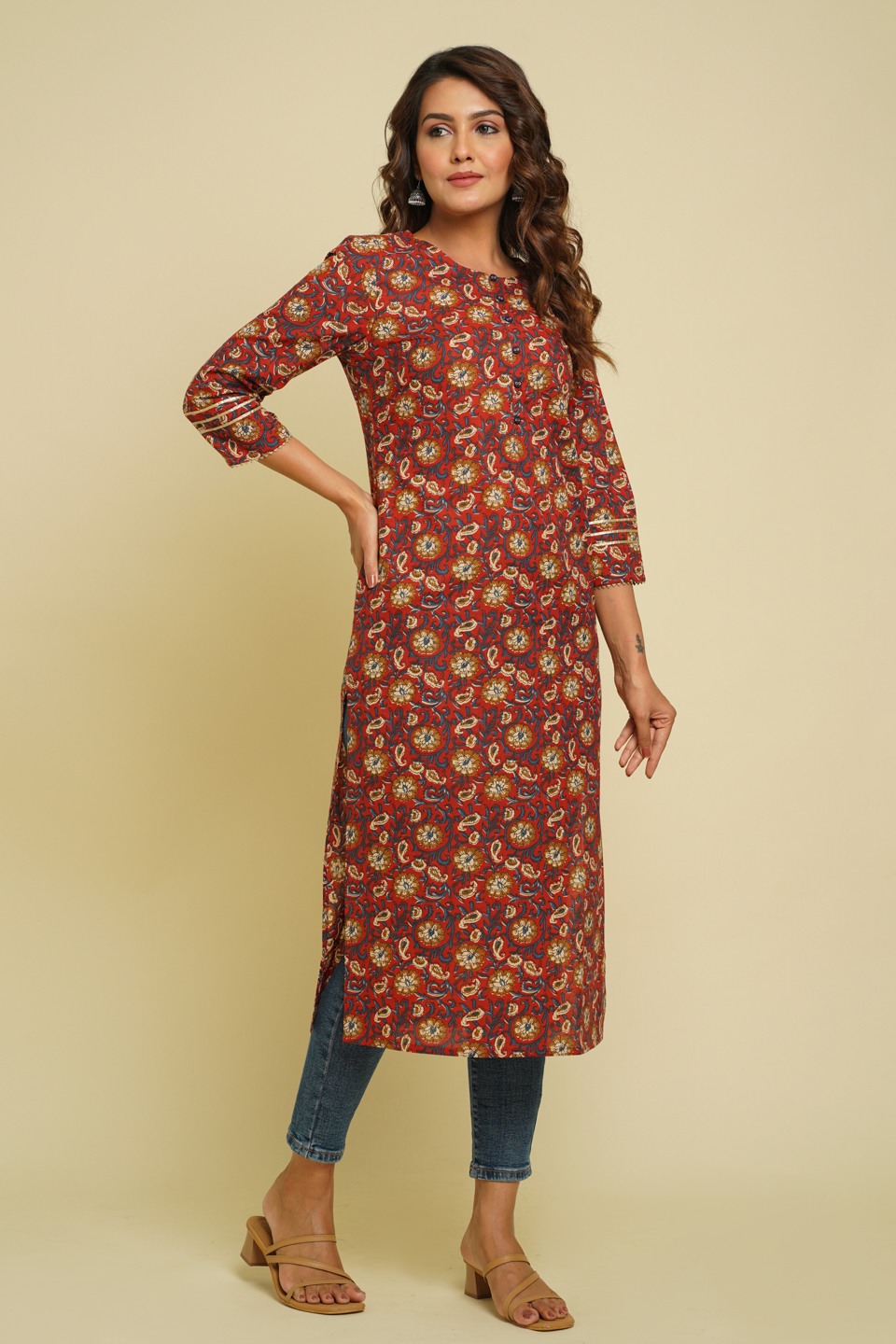 Women Red & Mustard Yellow Floral Printed Pure Cotton Kurta