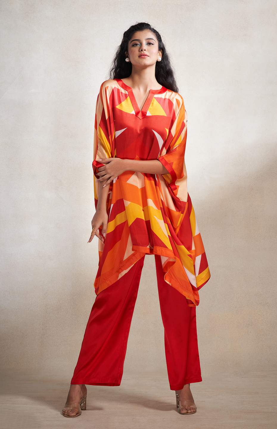 Red & Orange Abstract Poncho Kurta