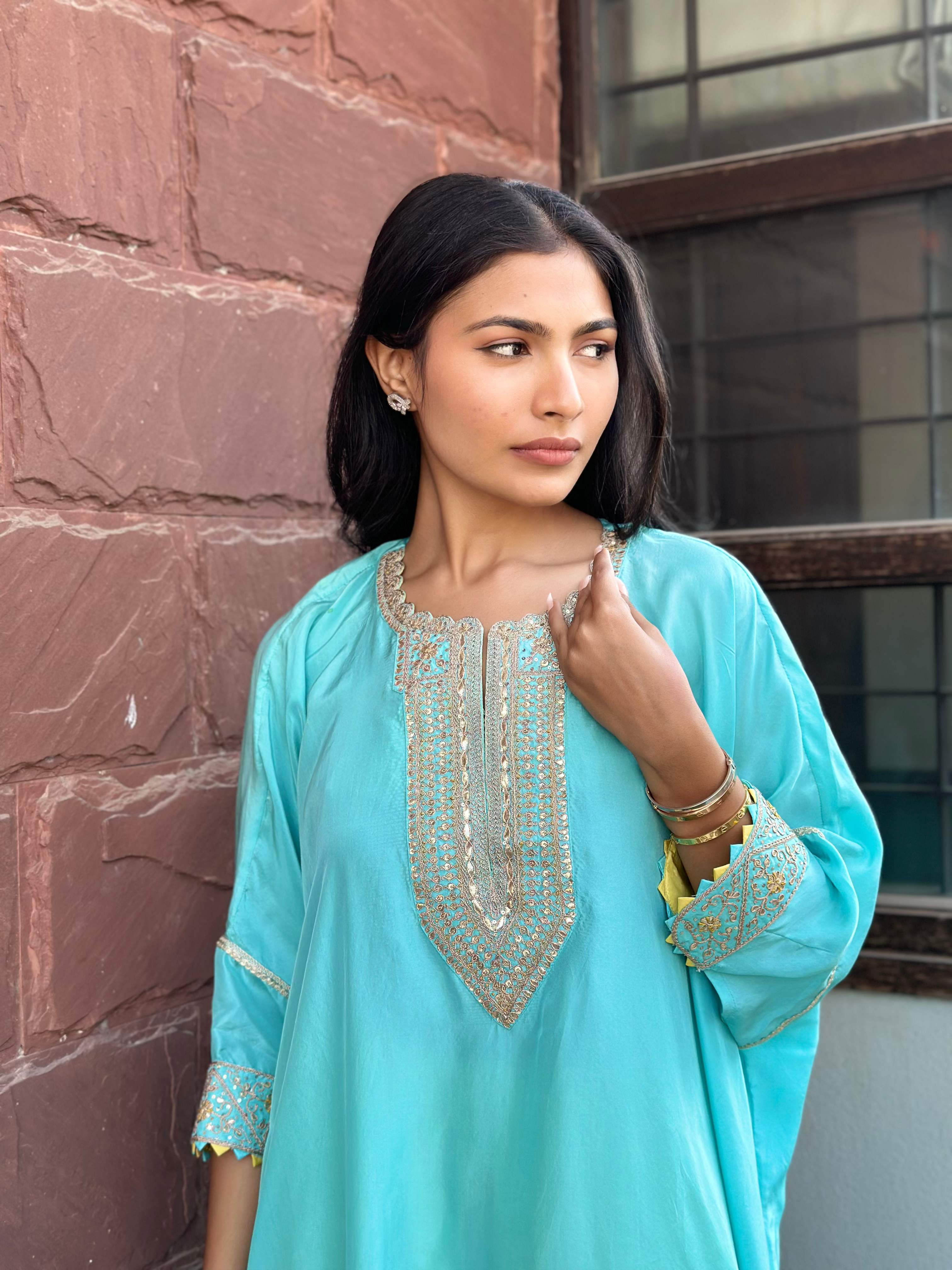 BLUE-YELLOW SILK HANDWORK KURTA SET