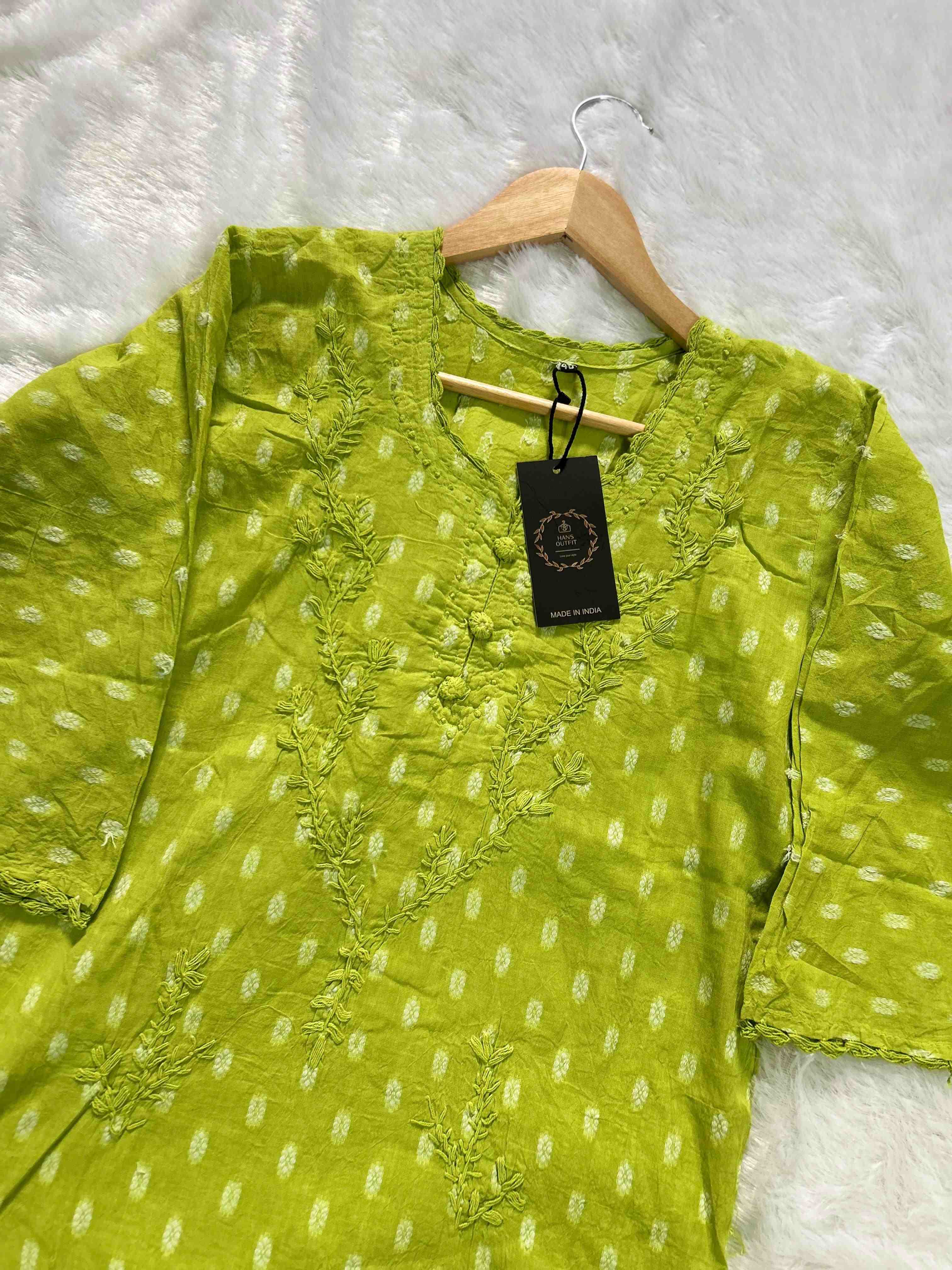 Parrot Green Lucknowi chickenkari cotton  kurta