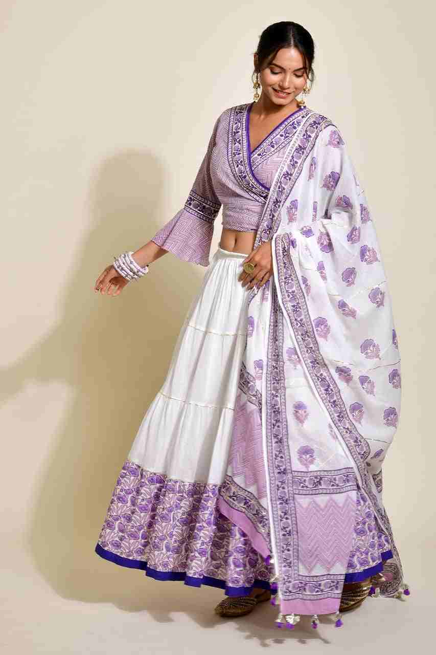 Naksh White and Purple Skirt, Top, Dupatta (Set ot 3)