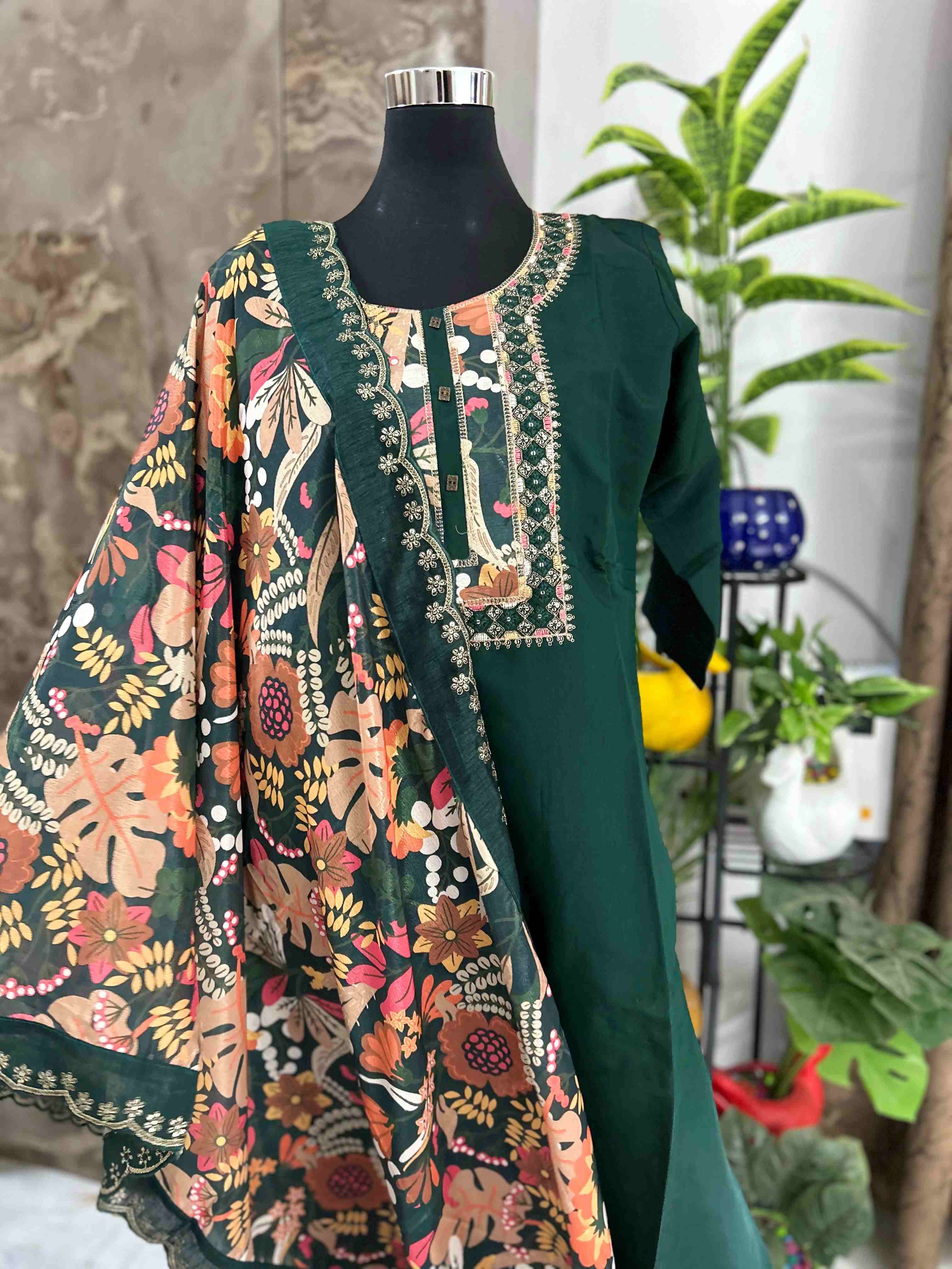 Evergreen embroidery neck with flora dupatta