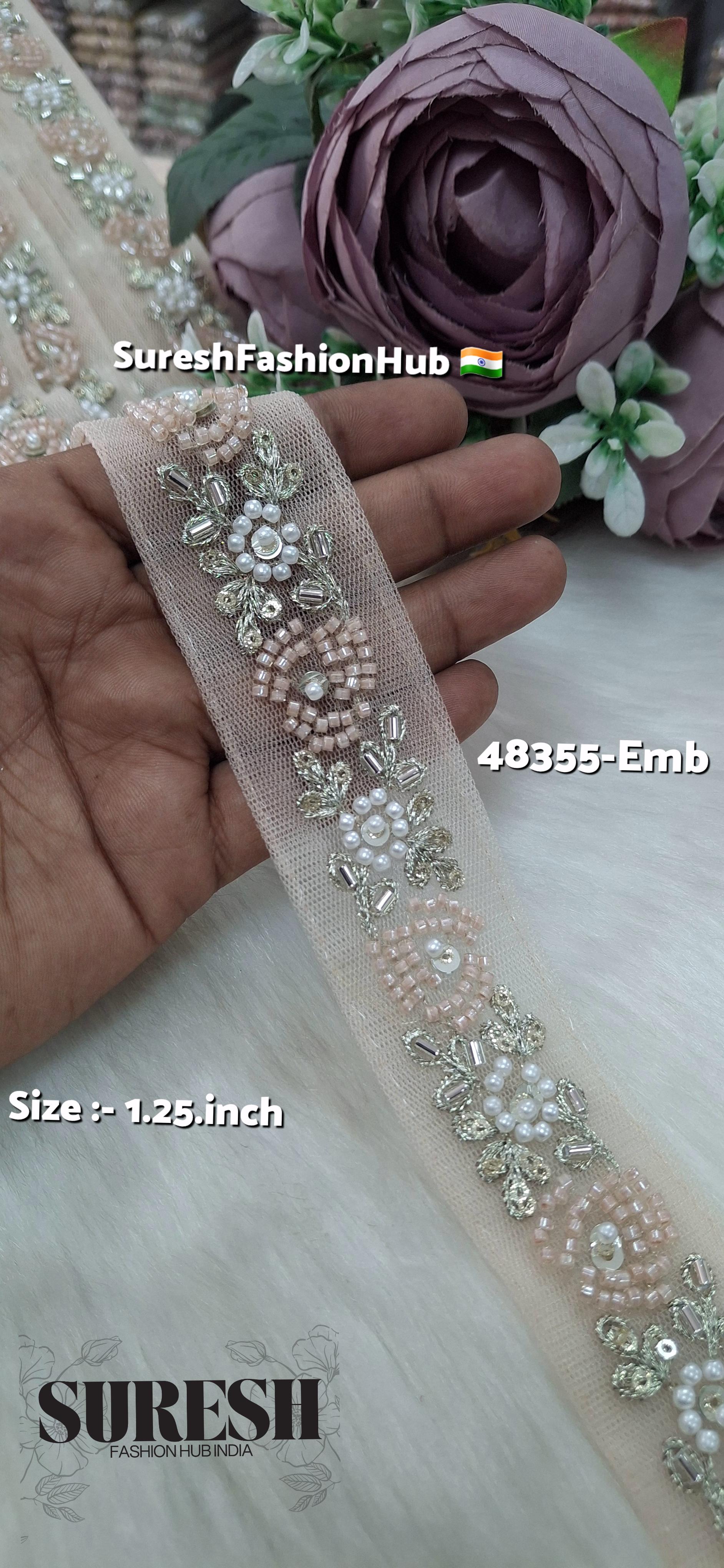 Light Peach Beaded Bloom Net Embroidered Lace