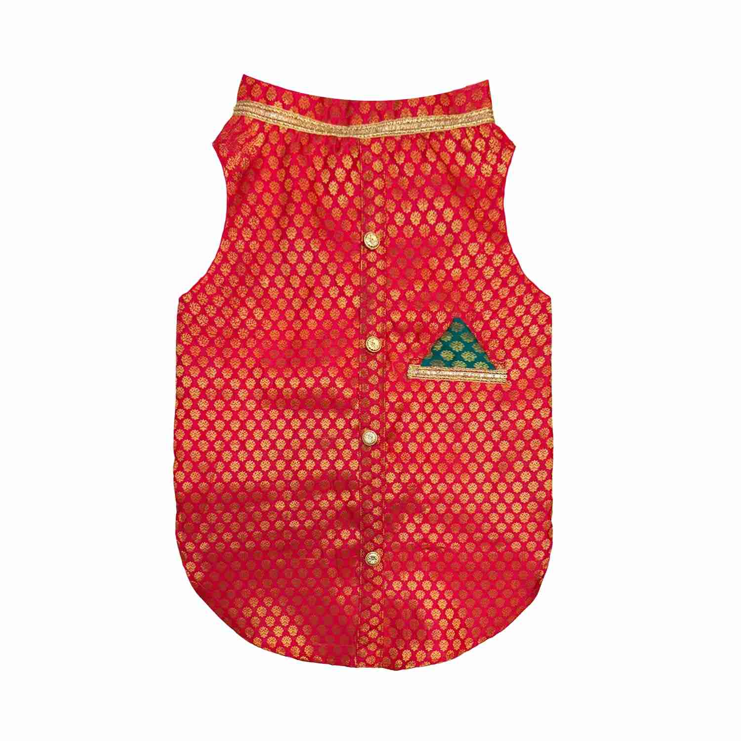 Pawsindia Traditional Royal Brocade Kurta  for Cats, Red | Ethnic Festive Wear