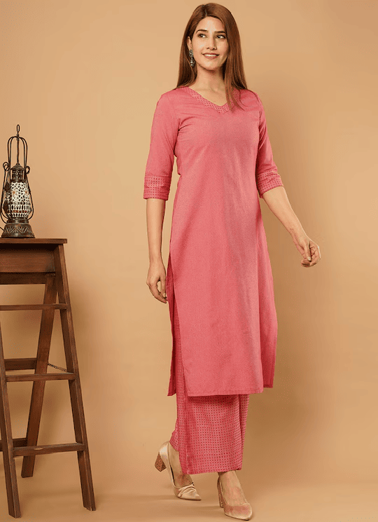 Women Coral Cotton Kurta with Palazzos