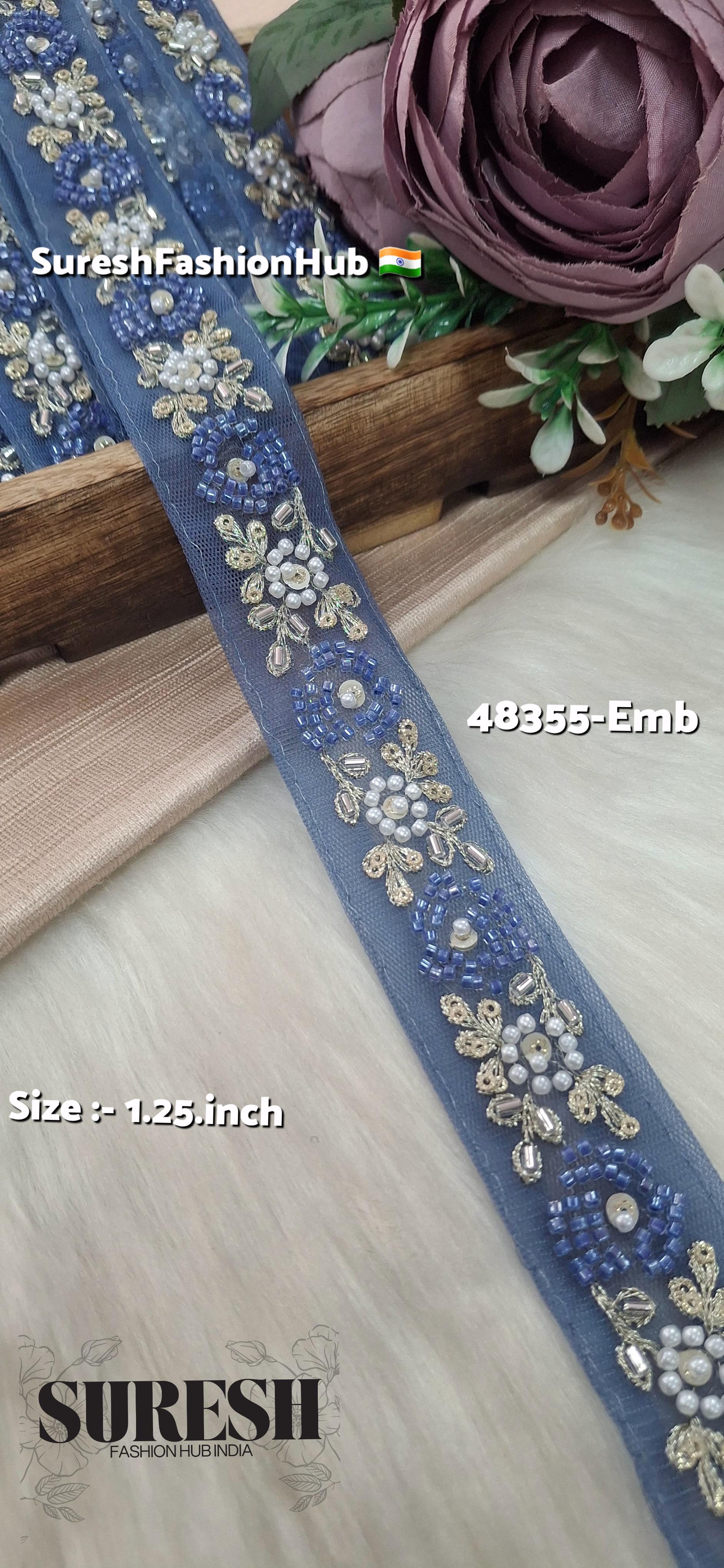 Blue Beaded Bloom Net Embroidered Lace