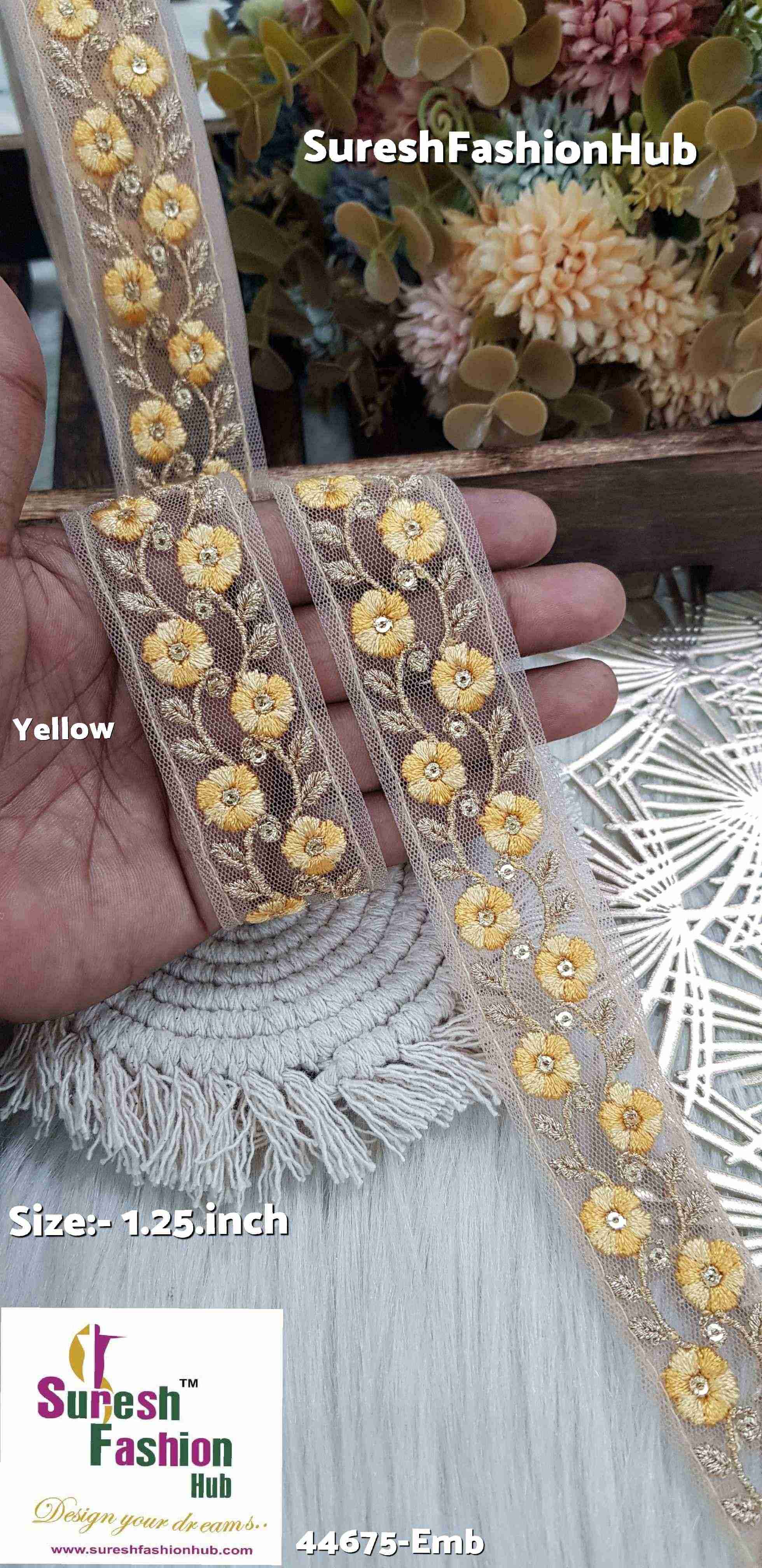 Dual Tone Yellow Embroidered Net Lace