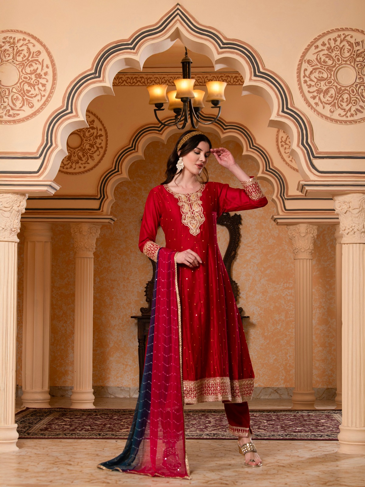ALBION FANCY LADIES ETHNIC RED KURTI SET