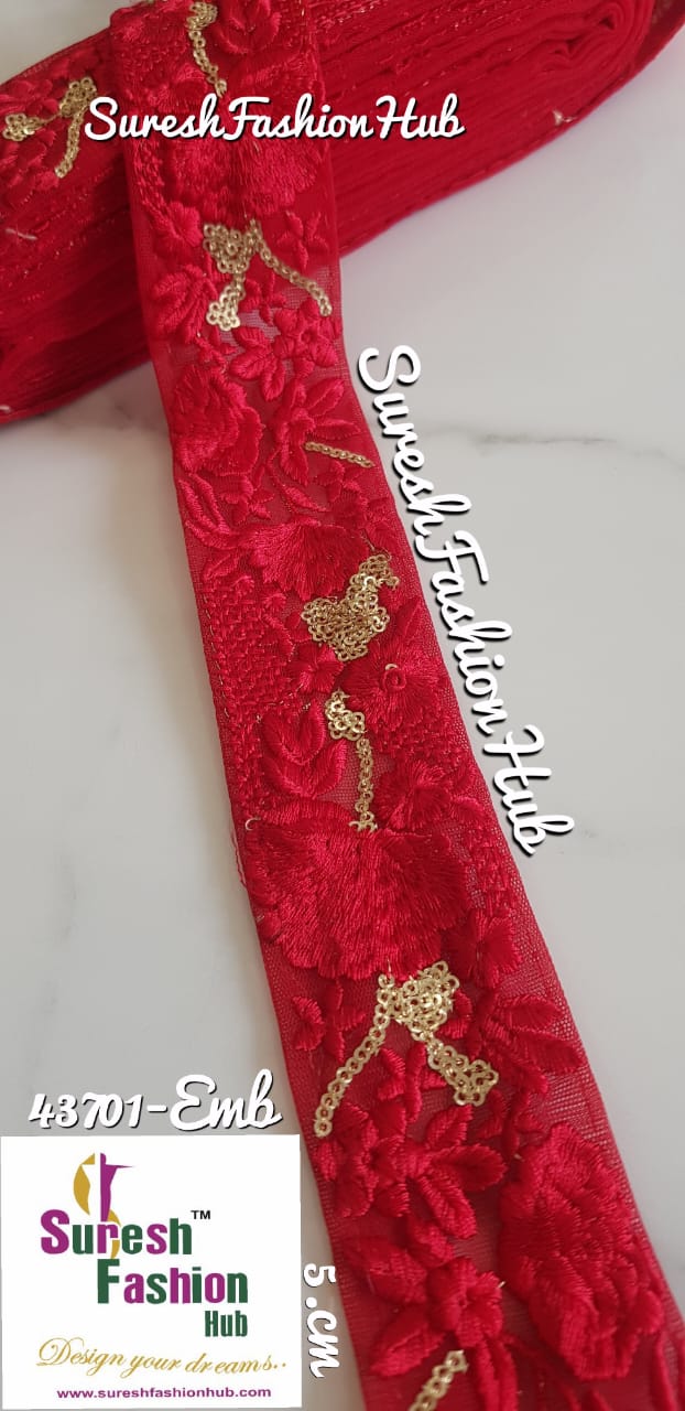 Golden Zari Threaded Petals On Red  Net Embroidery Trim