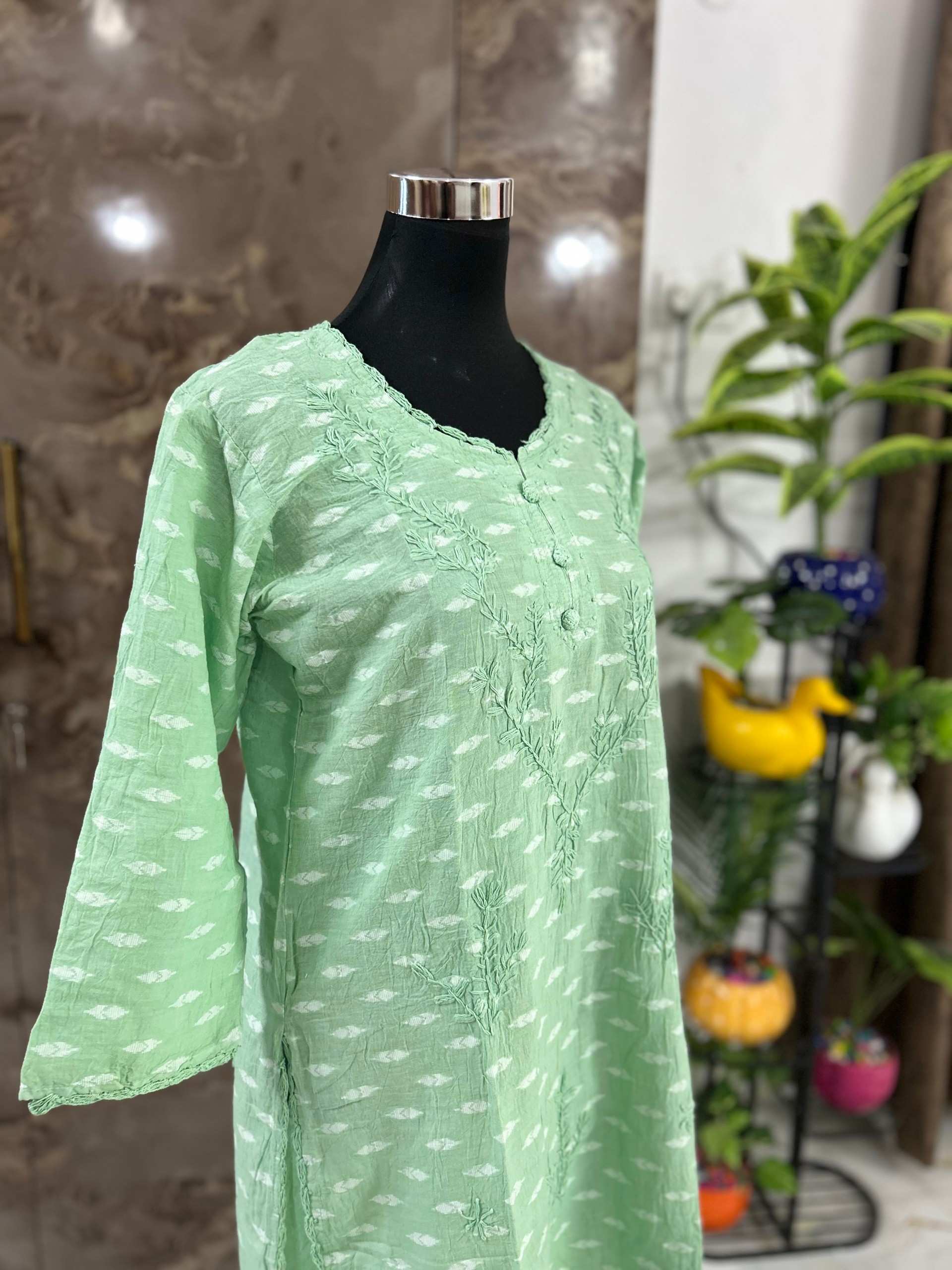 Mint Green Lucknowi chickenkari cotton  kurta