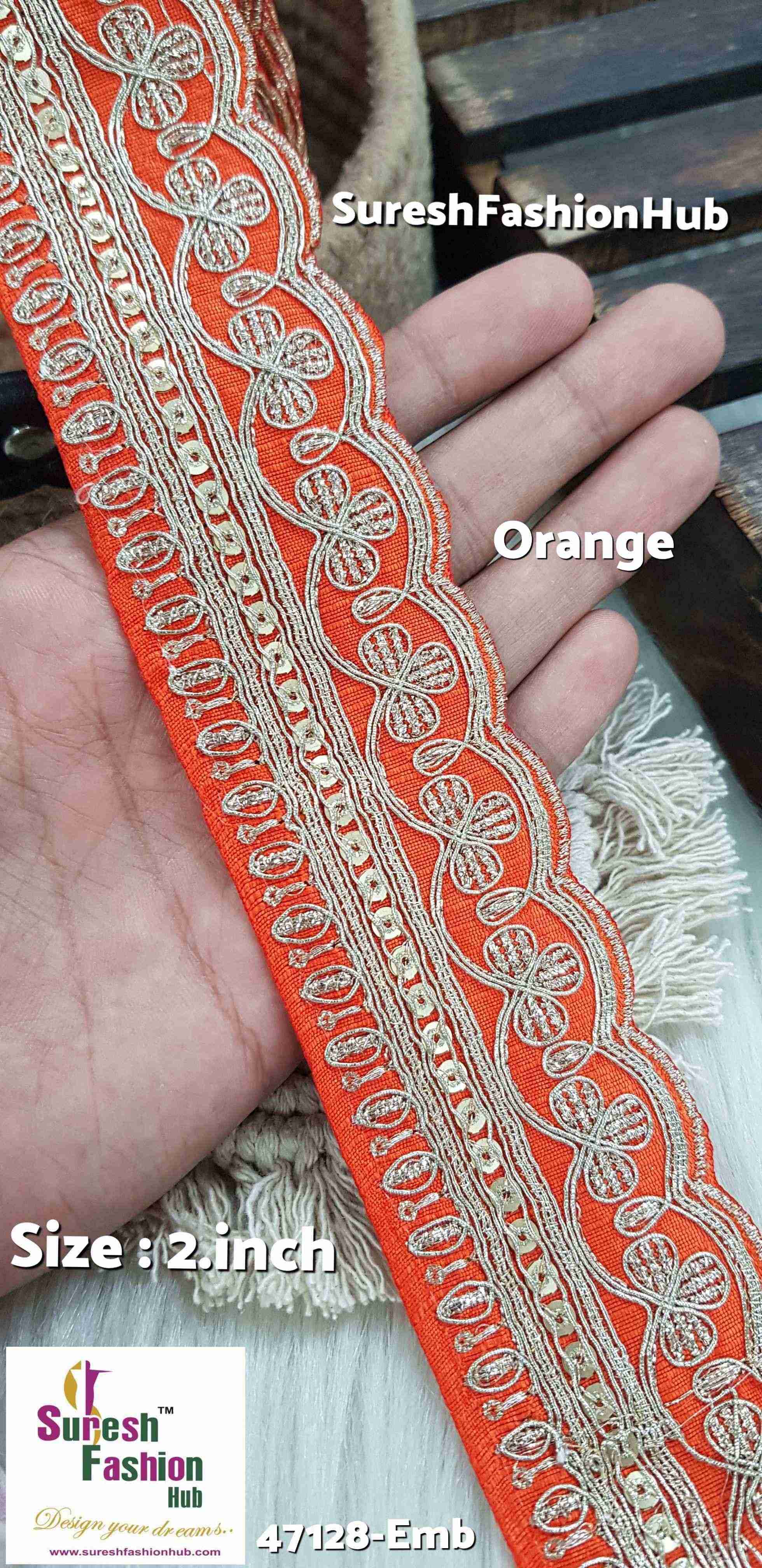 Scalloped Orange Embroidered Net Lace on Fabric Cloth