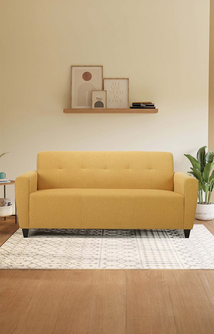 neudot Elegance Sofa for Living Room |3 Persons Sofa|Premium Fabric with Cushioned Armrest | Neem Wood Frame|3 Seater in - Husky Yellow